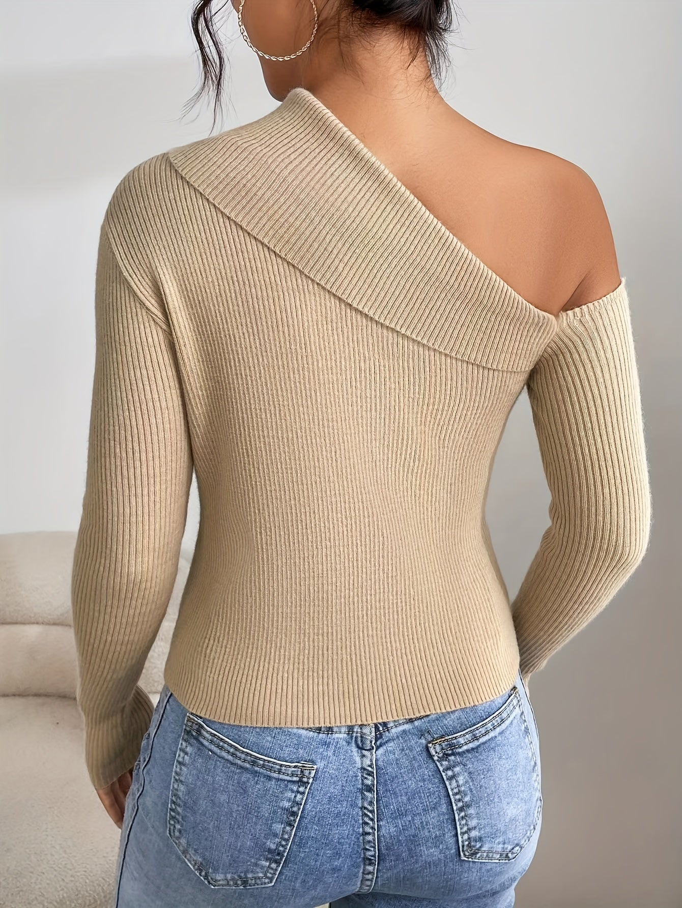gbolsos Solid Cold Shoulder Asymmetrical Knitted Top, Casual Long Sleeve Slim Fashion Sweater, Women's Clothing