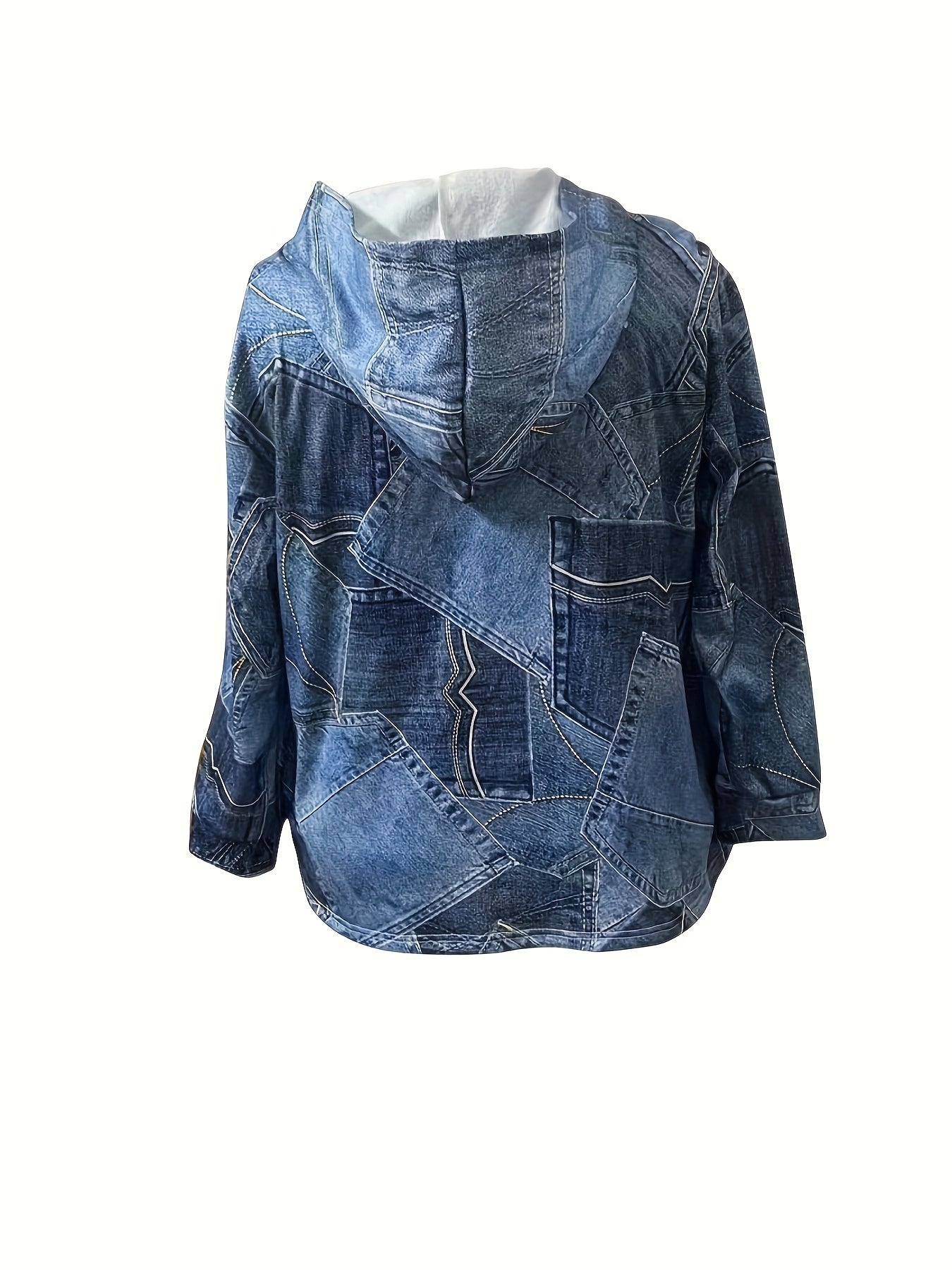 Plus Size Casual Coat, Women's Plus Denim Print Hoodie Long Sleeve Coat With Pockets