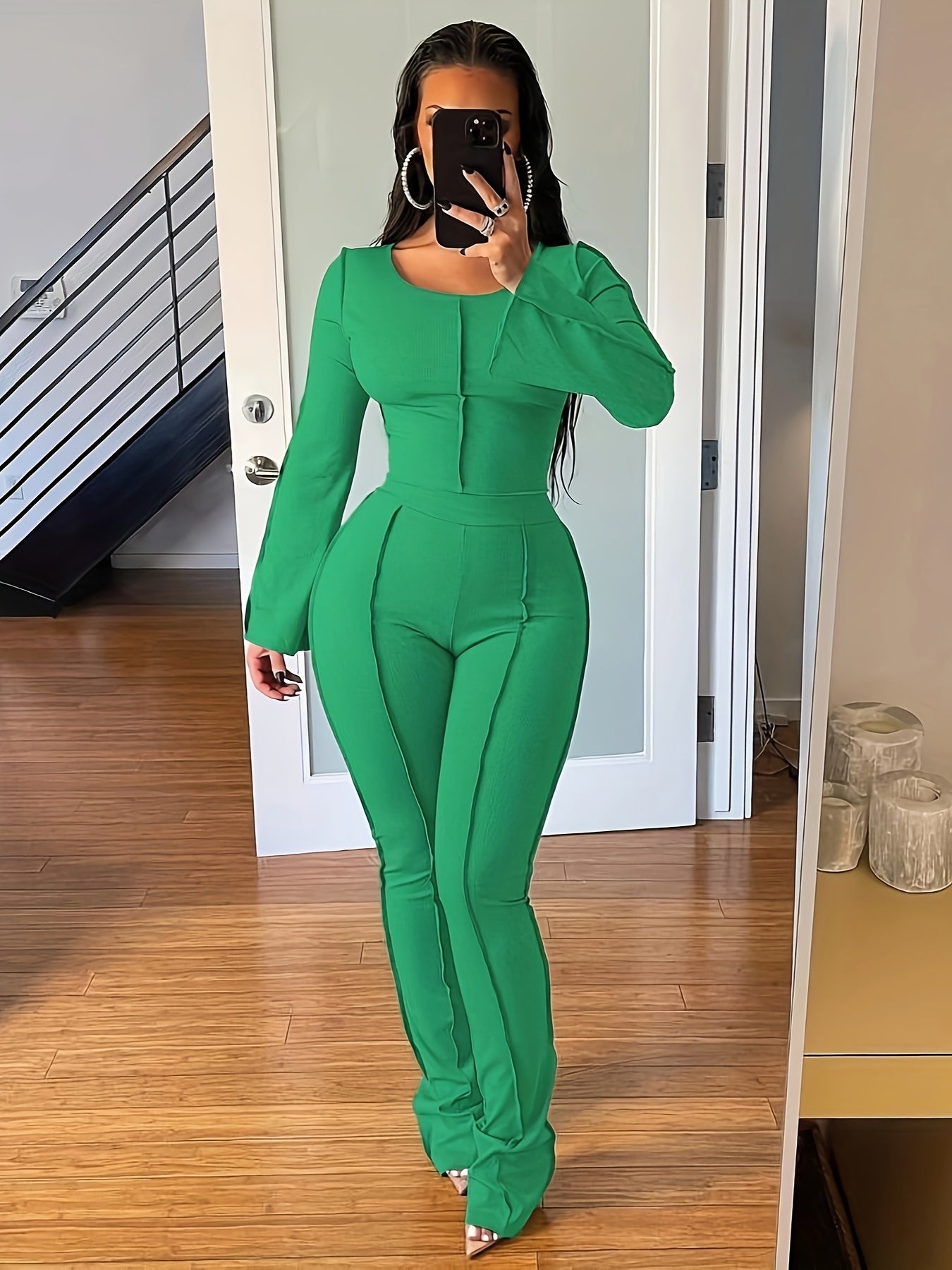 Solid Rib Two-piece Set, Flared Sleeve Crew Neck Tops & High Waist Long Length Pants Outfits, Women's Clothing