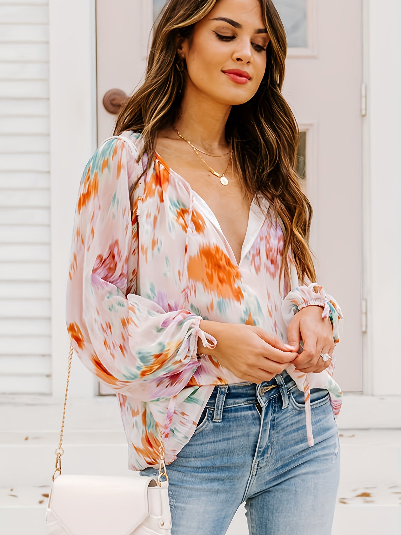 gbolsos Tie Dye Print Blouse, Casual V Neck Tie Front Long Sleeve Blouse, Women's Clothing