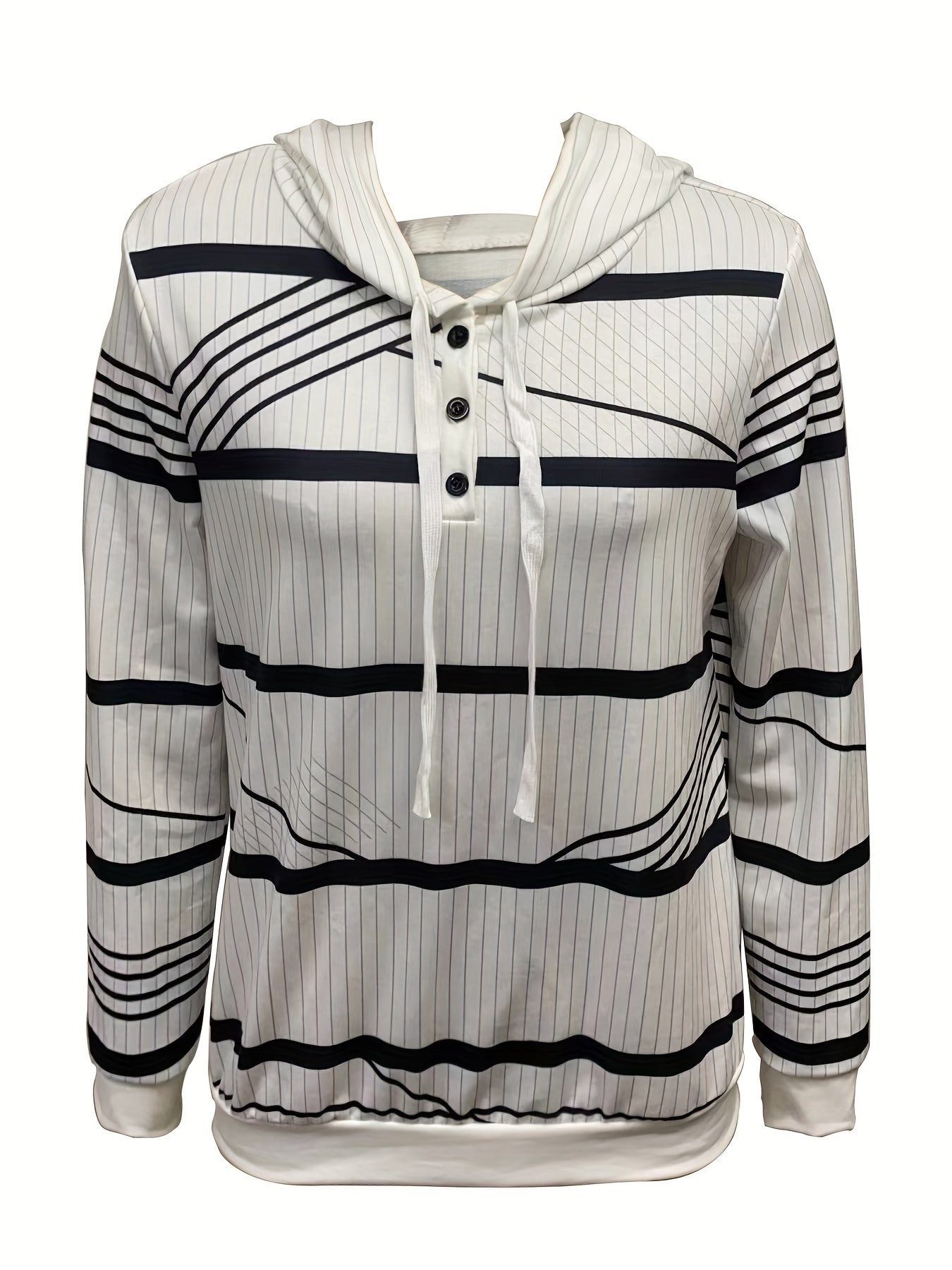gbolsos Stripe Print Drawstring Hoodie, Casual Button Front Long Sleeve Hoodies, Women's Clothing