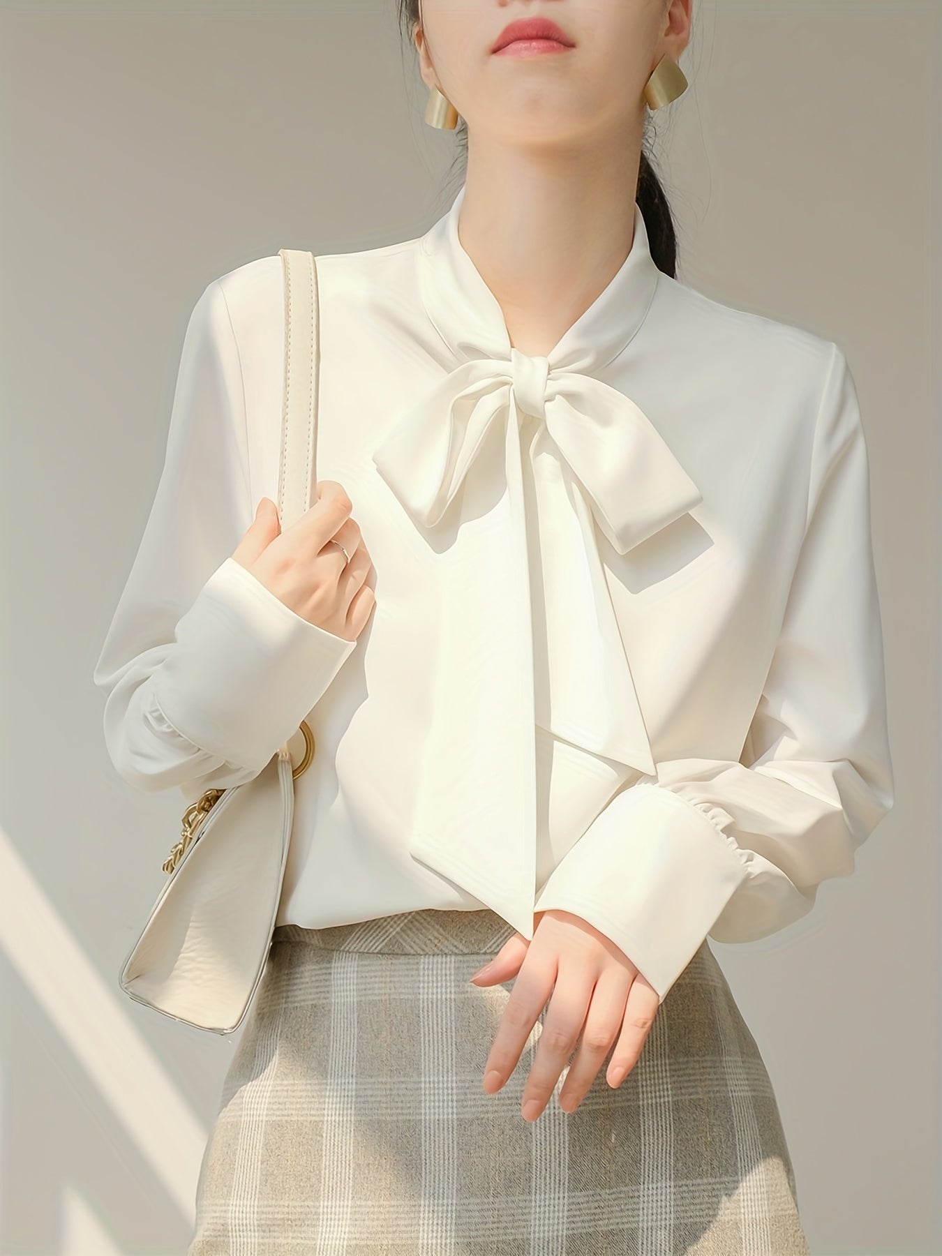 Tie Neck Solid Blouse, Casual Long Sleeve Work Office Blouse, Women's Clothing
