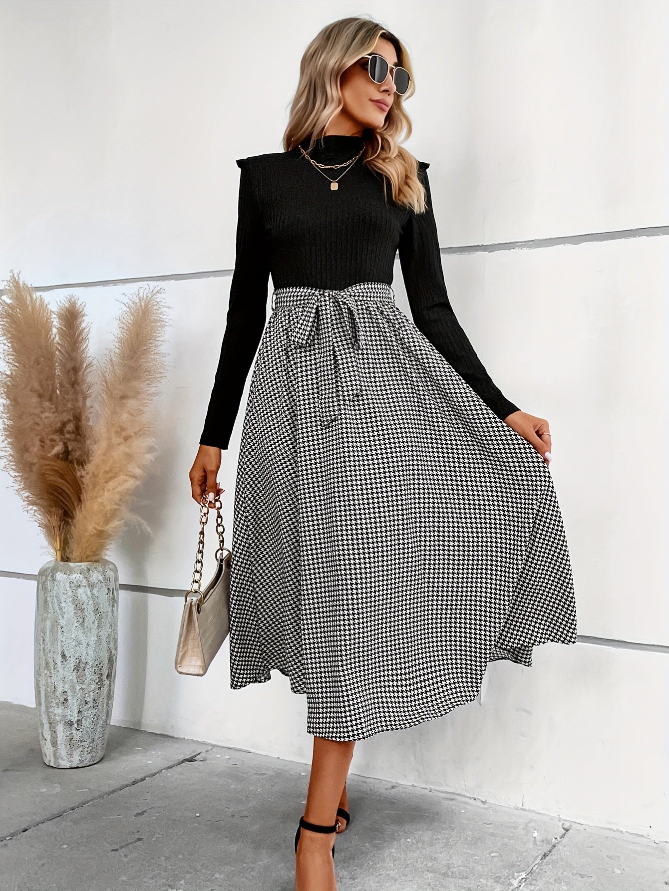 gbolsos Houndstooth Print Splicing Dress, Elegant Mock Neck Long Sleeve Dress, Women's Clothing