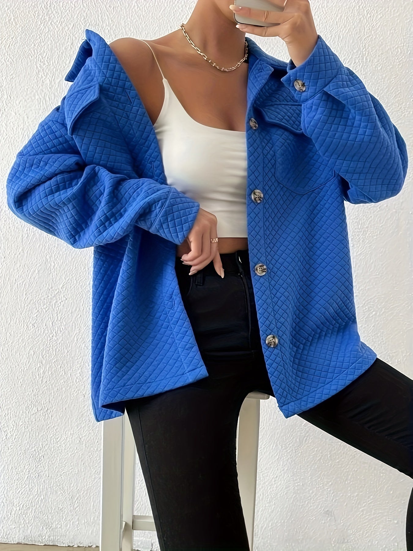 gbolsos Button Front Simple Jacket, Casual Long Sleeve Solid Outerwear, Women's Clothing