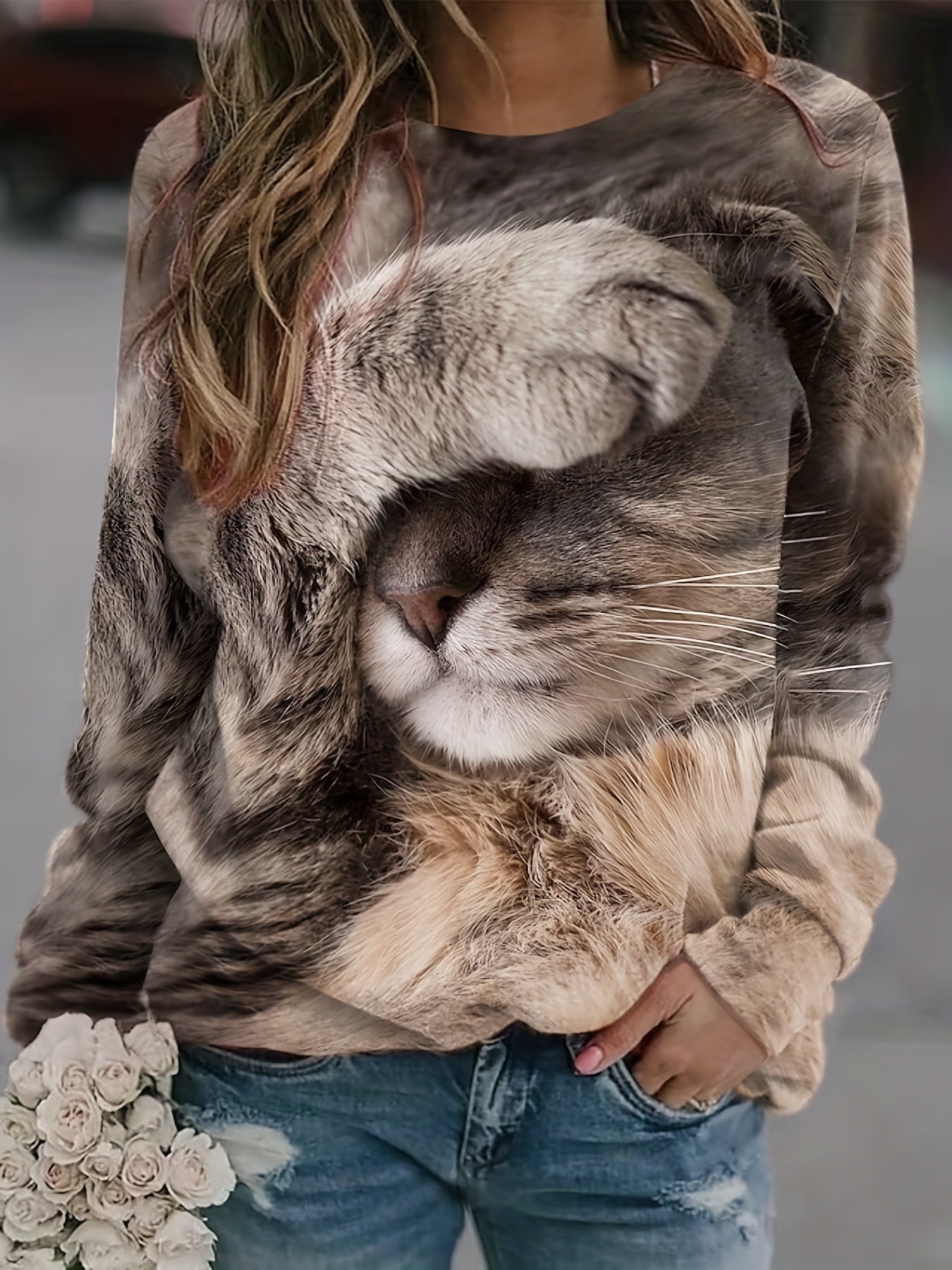 gbolsos Cute Cat Print Sweatshirt, Casual Long Sleeve Crew Neck Sweatshirt For Spring & Fall, Women's Clothing