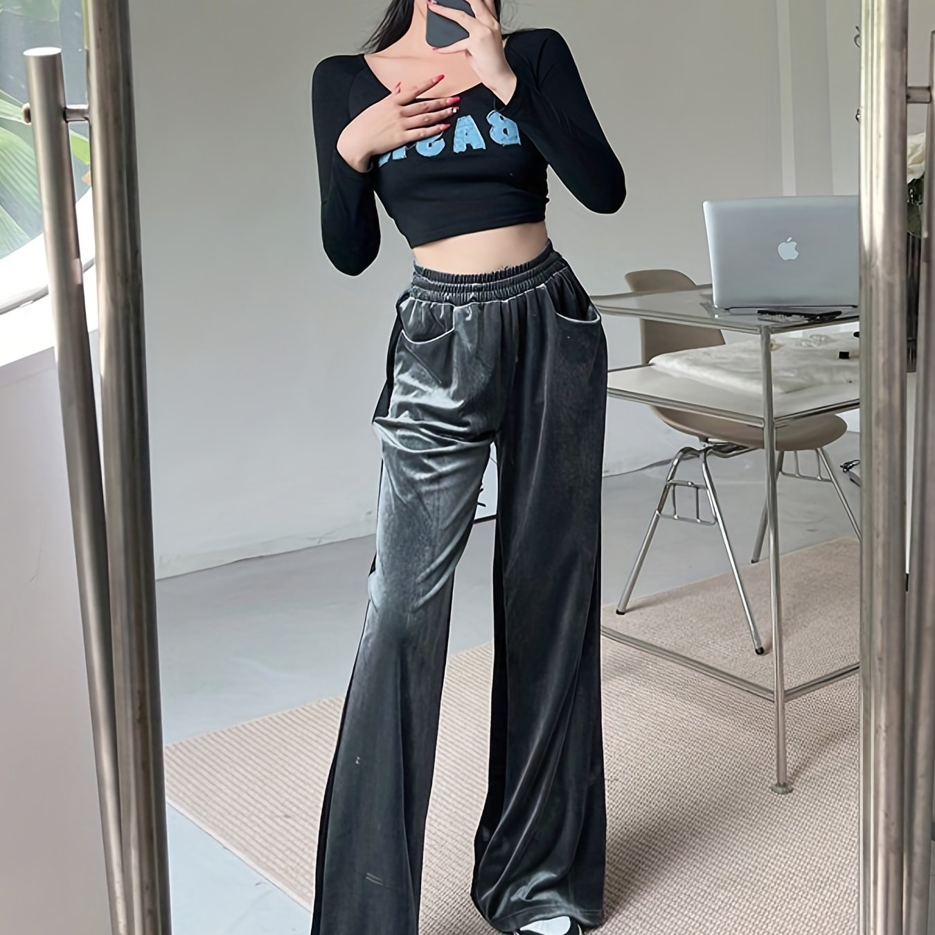 Velvet High Waist Pants, Casual Elastic Wide Leg Draped Pants With Pockets, Women's Clothing