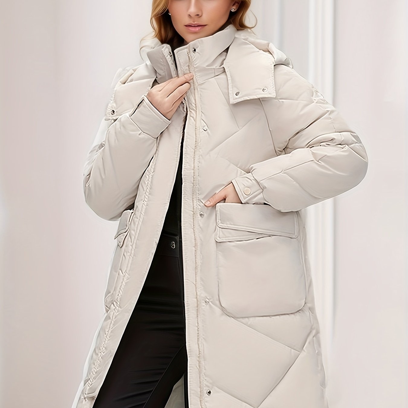 Button Front Warm Hooded Coat, Casual Long Length Winter Outerwear, Women's Clothing