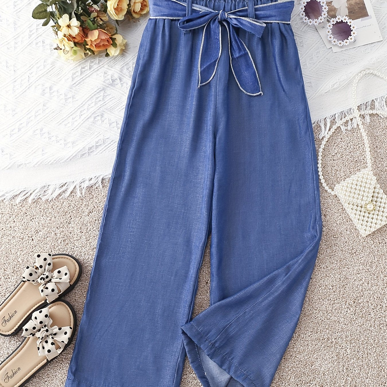 gbolsos Girls' Cosy Faux Denim Print Wide Leg Casual Pants Trousers With Belt For Spring/Summer/Fall