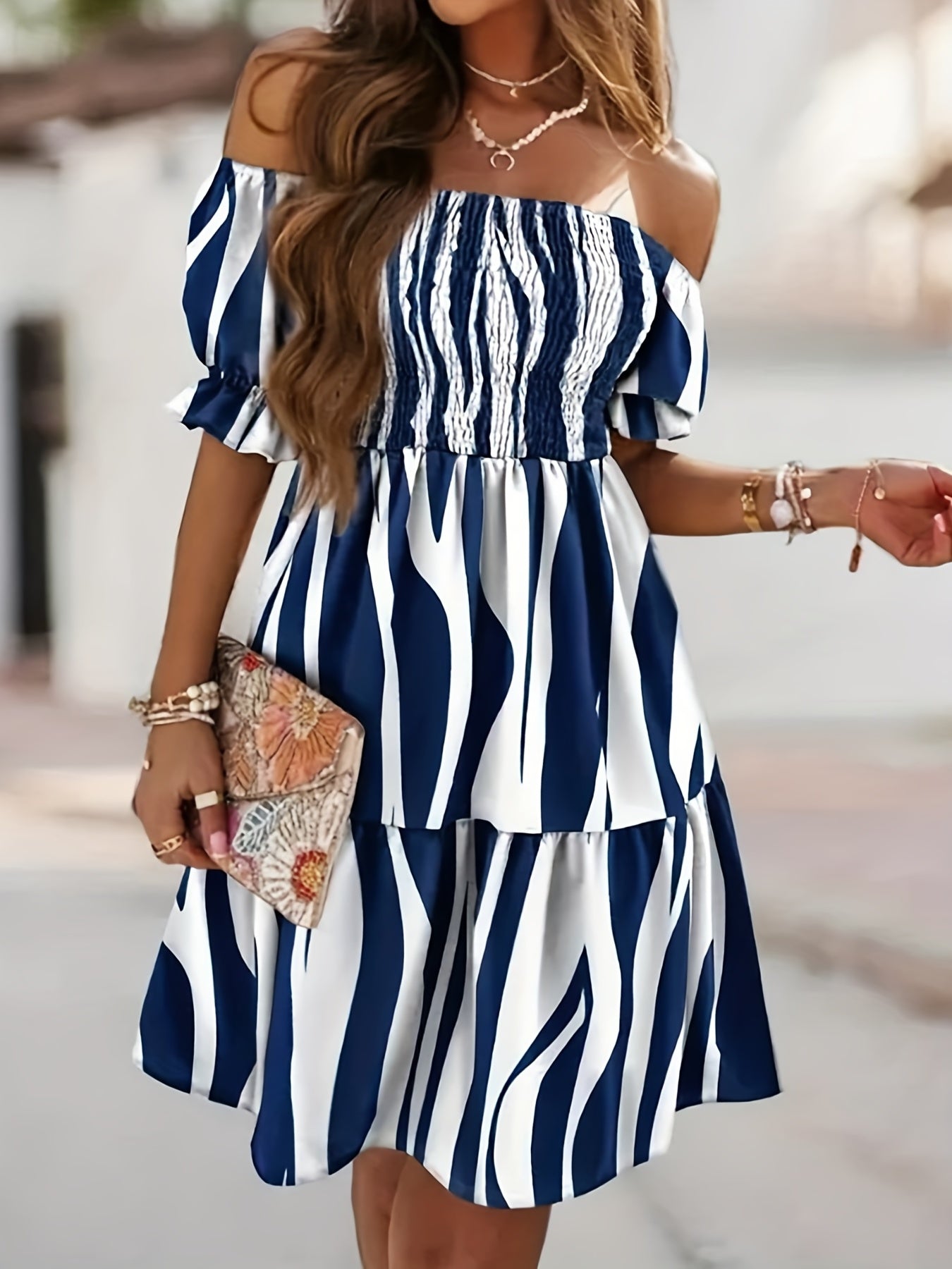 gbolsos Wave Print Off Shoulder Dress, Casual Ruched Short Sleeve Shirred Dress, Women's Clothing