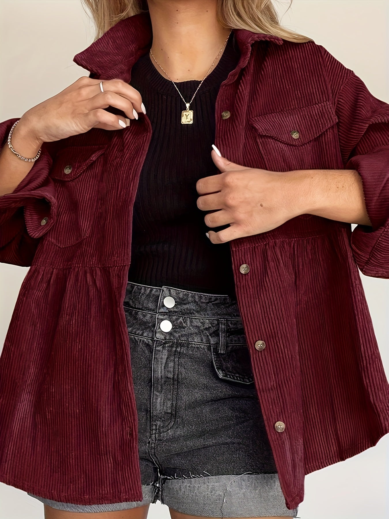 gbolsos Corduroy Lapel Pocket Jacket, Casual Long Sleeve Button Down Fashion Single Breasted Loose Fall Winter Outerwear, Women's Clothing