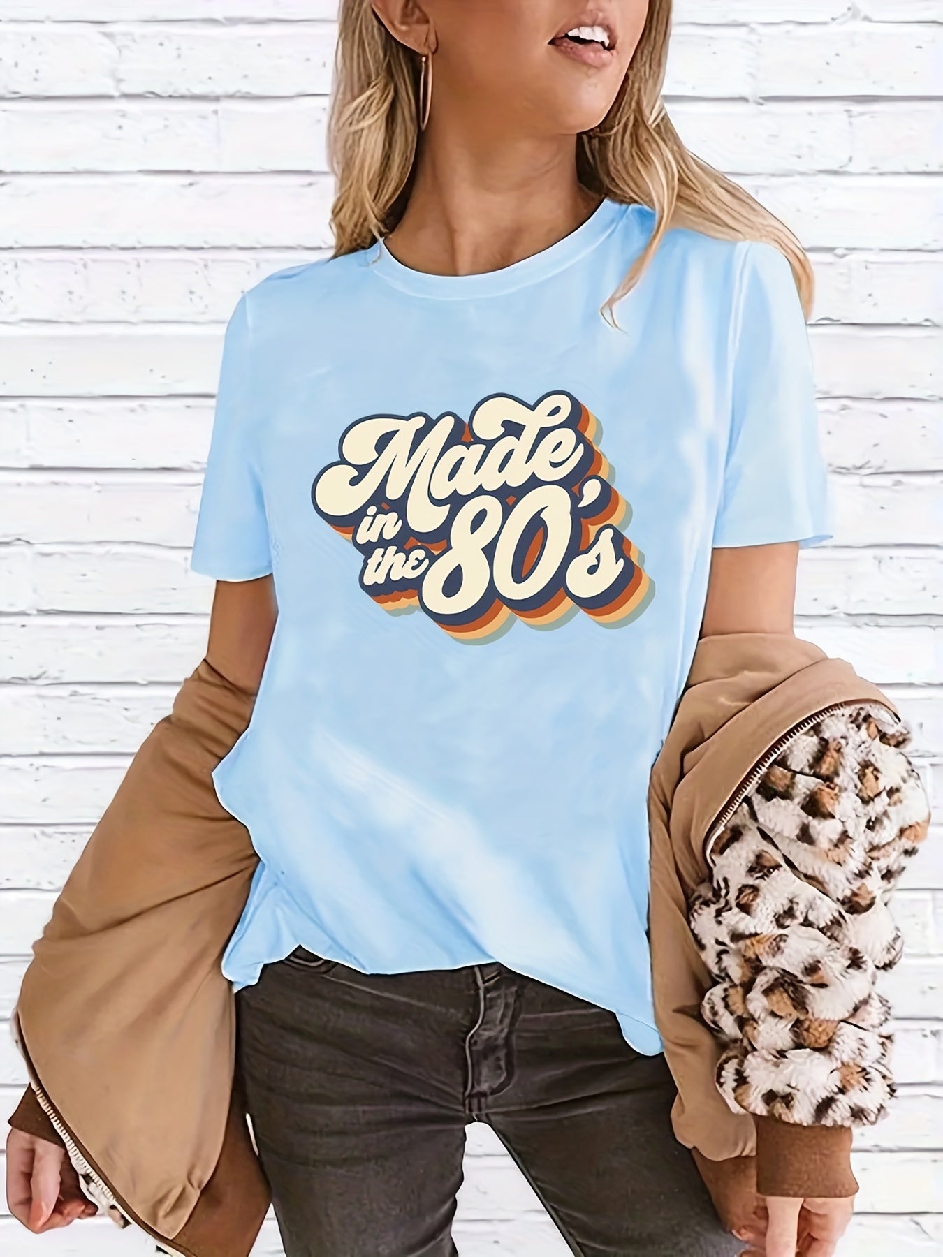 gbolsos "Made In The 203.2cms" Letter Print T-shirts, Crew Neck Short Sleeve Summer Sports Top, Women's Clothing