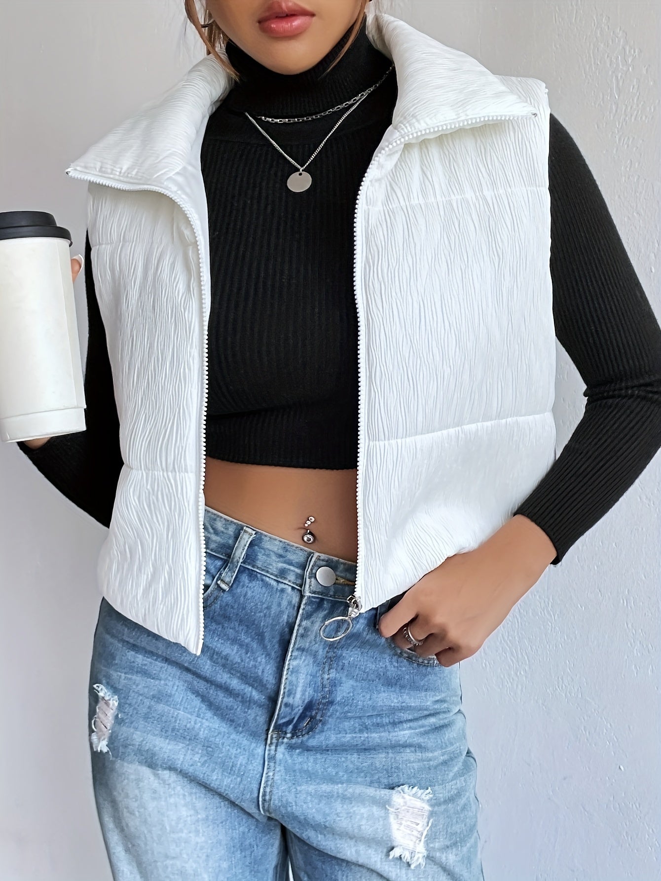 Texture Sleeveless Parka, Zip Up Solid Casual Outwear For Fall & Winter, Women's Clothing