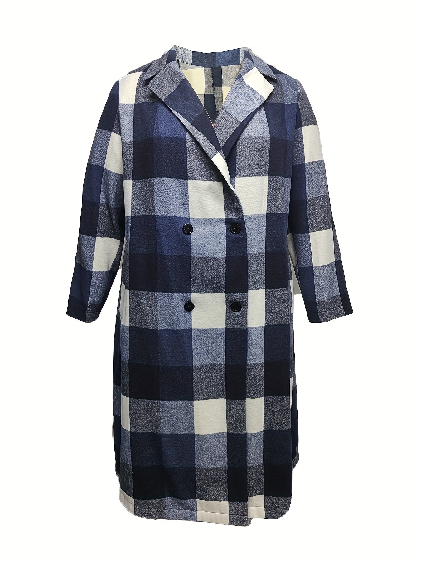 solvbao Plus Size Casual Trench Coat, Women's Plus Plaid Print Double Breasted Long Sleeve Lapel Collar Long Trench Coat