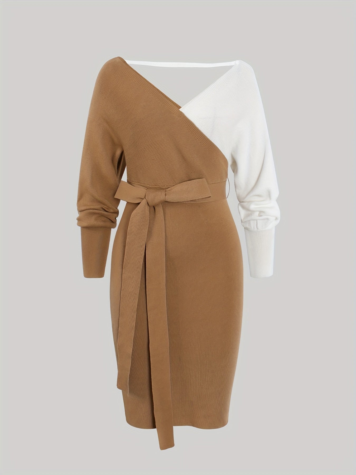 gbolsos Color Block Backless Dress, Casual V Neck Long Sleeve Bodycon Dress, Women's Clothing