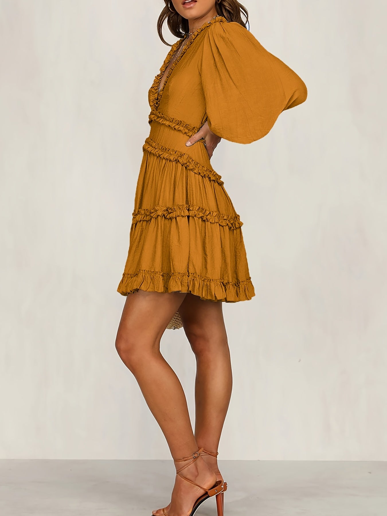 gbolsos Deep V Neck Ruffle Dress, Cut Out Long Sleeve Casual Dress For Spring & Fall, Women's Clothing