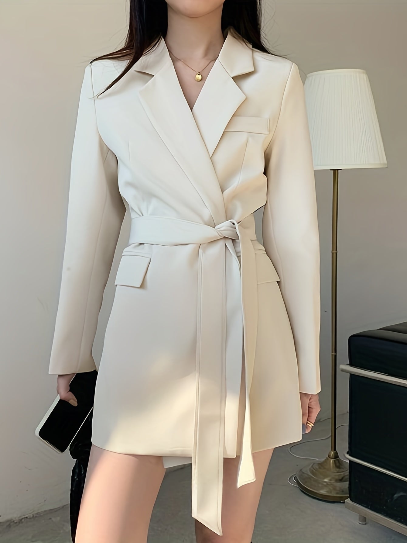gbolsosSolid Tie-waist Lapel Blazer, Elegant Long Sleeve Outerwear For Work & Office, Women's Clothing