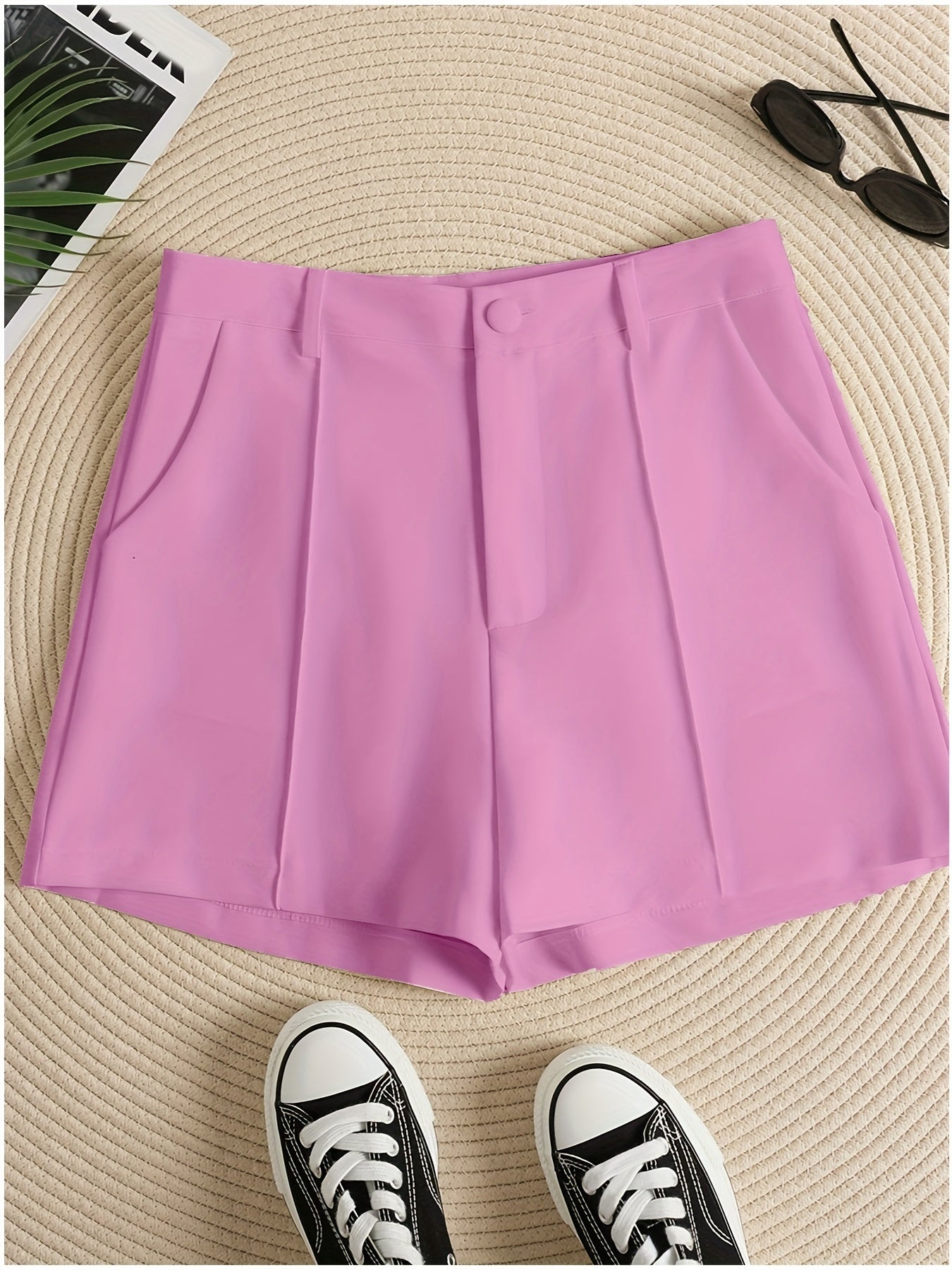 gbolsos Solid Color High Waist Shorts, Casual Zipper Front Shorts For Spring & Summer, Women's Clothing