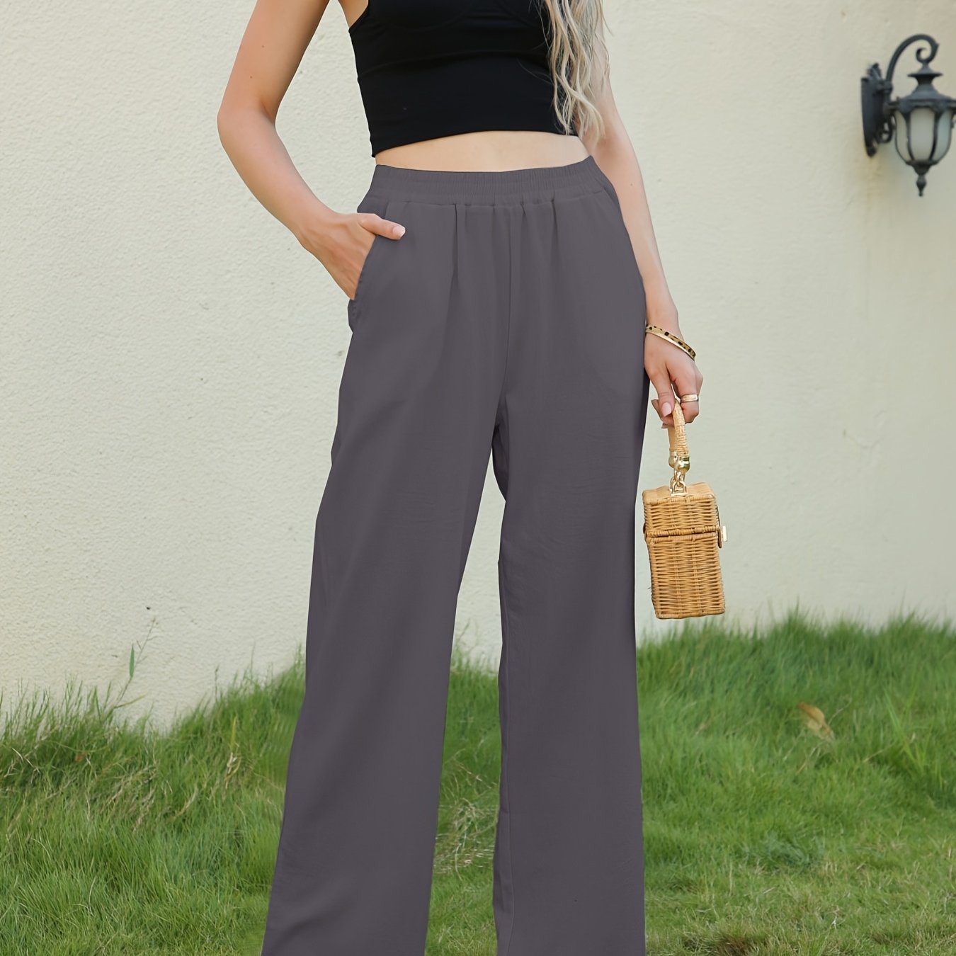 gbolsos Solid Wide Leg Elastic Waist Pants, Casual Dual Pockets Loose Pants, Women's Clothing