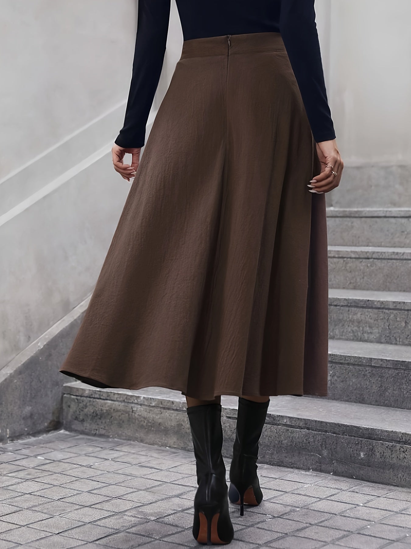 gbolsos Solid Ruffle Hem Skirt, Elegant High Waist Skirt For Fall & Winter, Women's Clothing