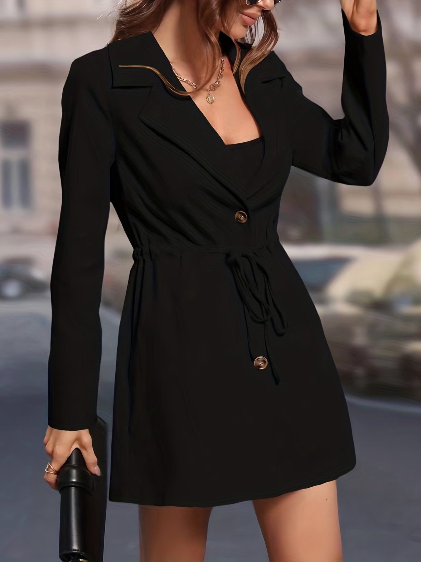 gbolsos Drawstring Lapel Coat, Elegant Solid Long Sleeve Outerwear, Women's Clothing