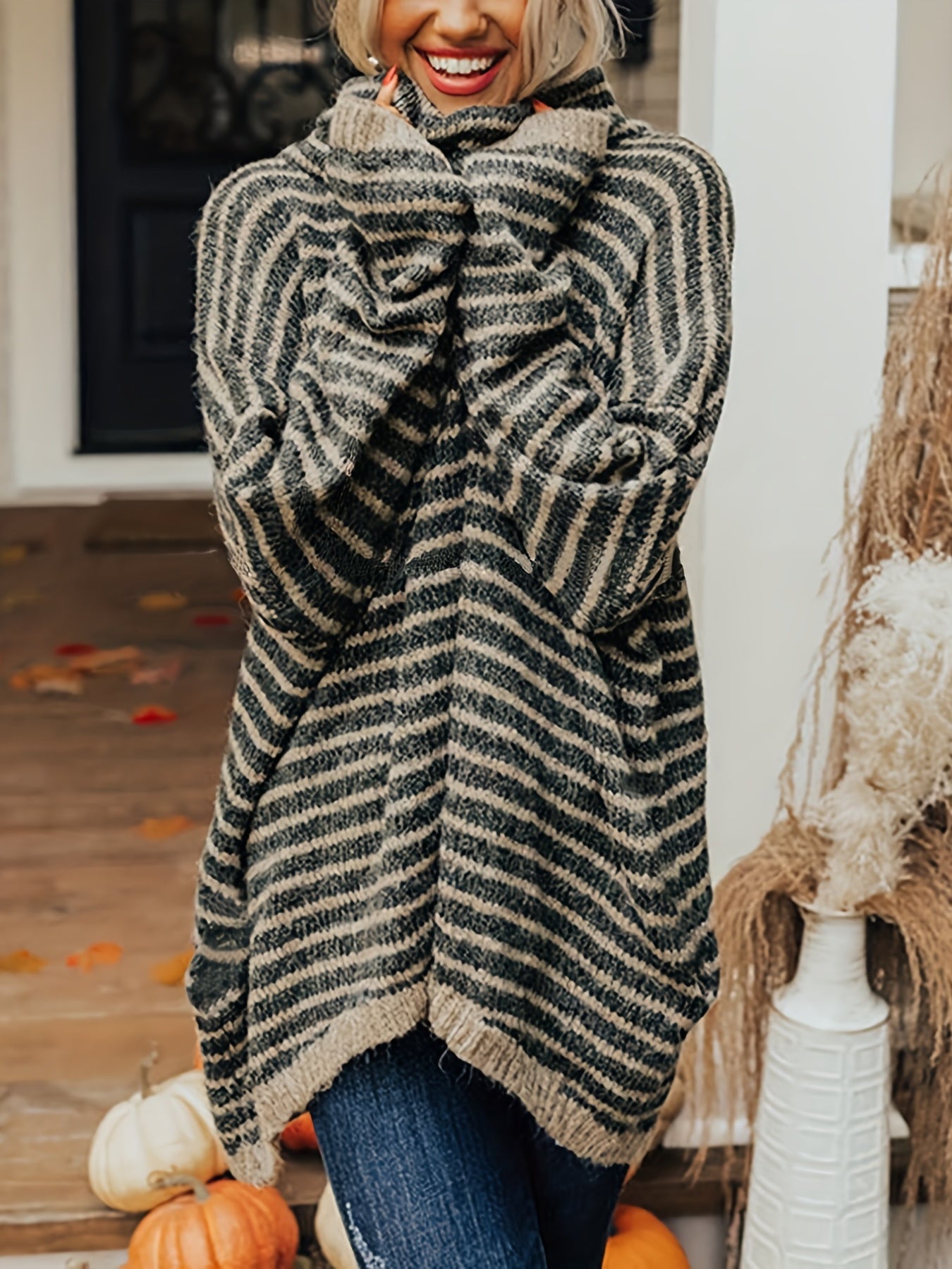 gbolsos Plus Size Casual Sweater, Women's Plus Stripe Print Chimney Collar Long Sleeve Pullover Sweater