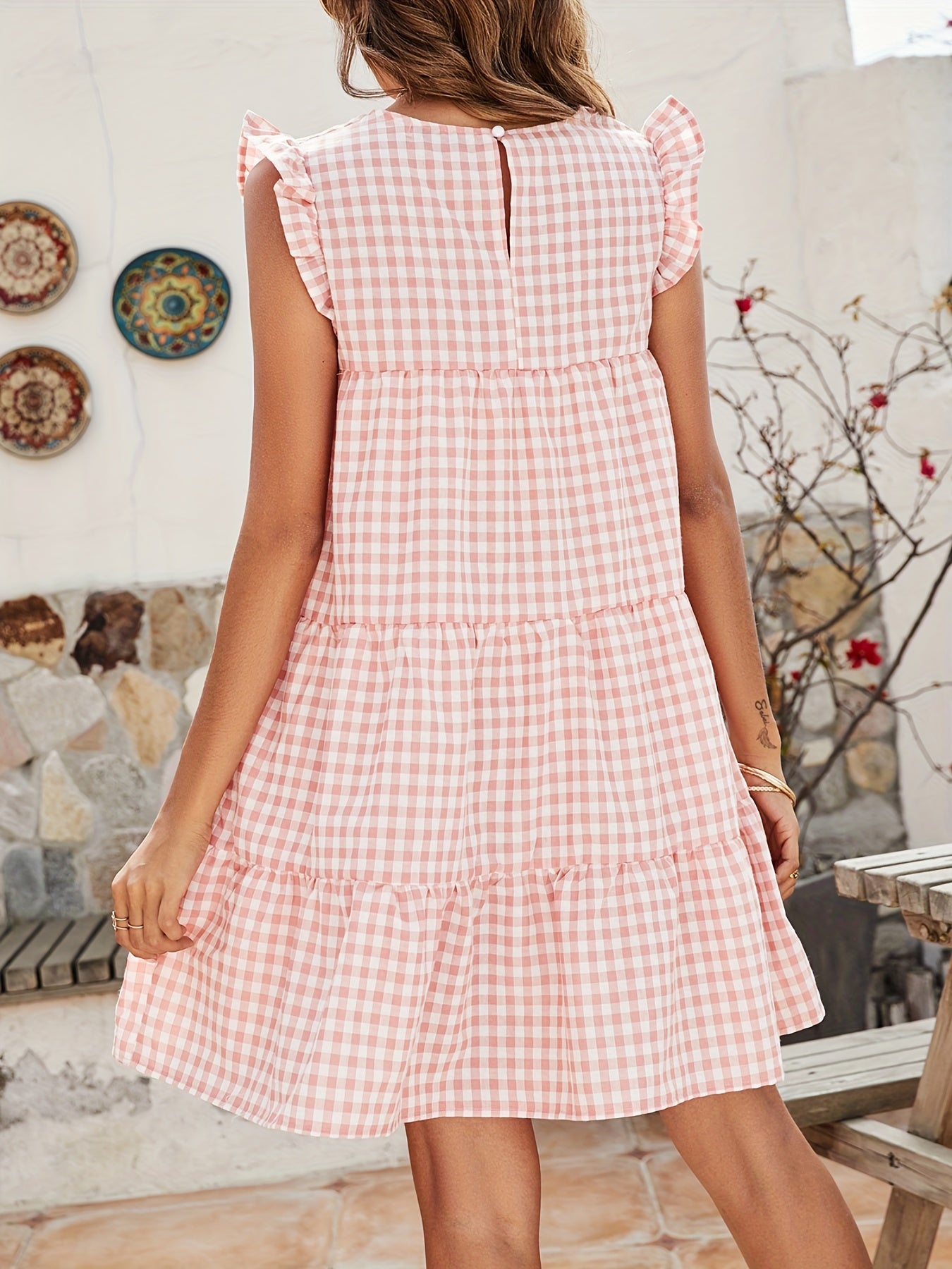gbolsos Plaid Ruffle Hem Dress, Casual Crew Neck Dress For Spring & Summer, Women's Clothing