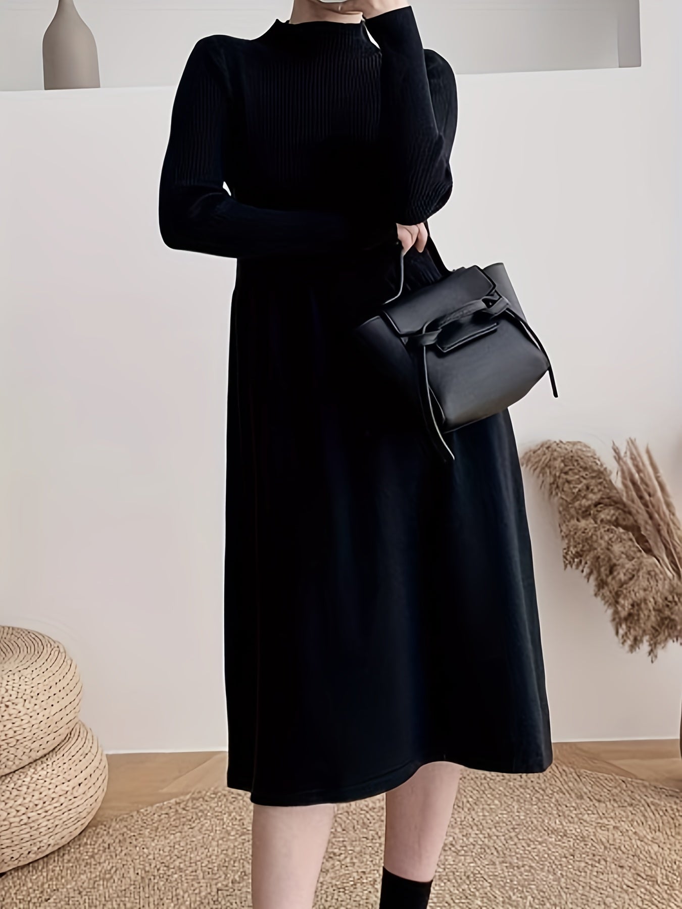 gbolsos Solid Mock Neck Splicing Dress, Elegant Long Sleeve Aline Dress For Spring & Fall, Women's Clothing