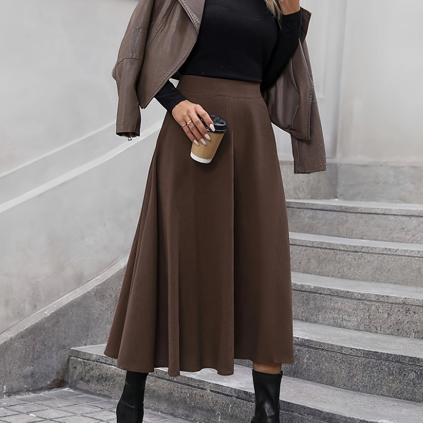 gbolsos Solid Ruffle Hem Skirt, Elegant High Waist Skirt For Fall & Winter, Women's Clothing