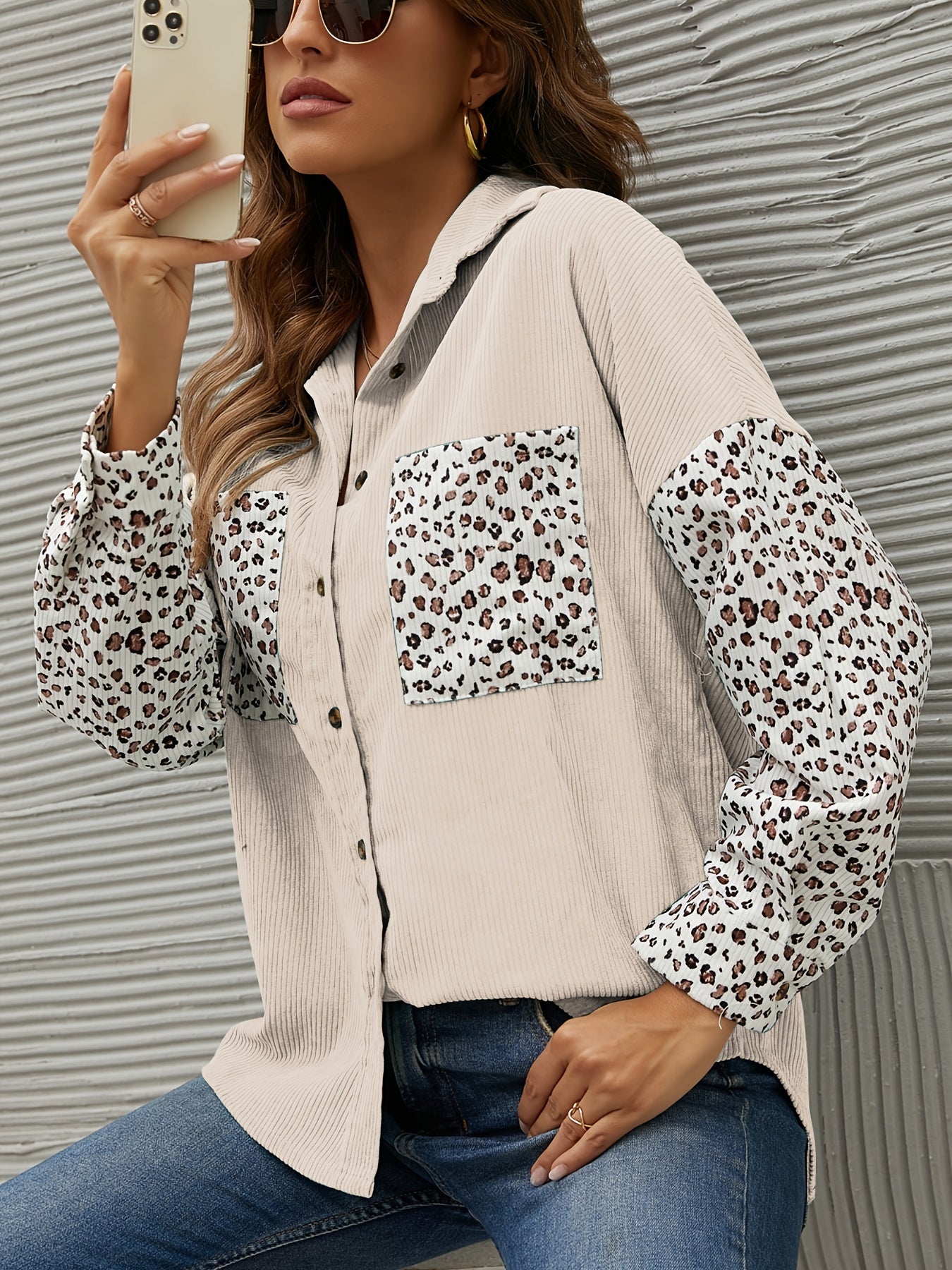 gbolsos Corduroy Leopard Print Stitching Coat, Casual Lapel Long Sleeve Button Down Fashion Loose Outerwear, Women's Clothing