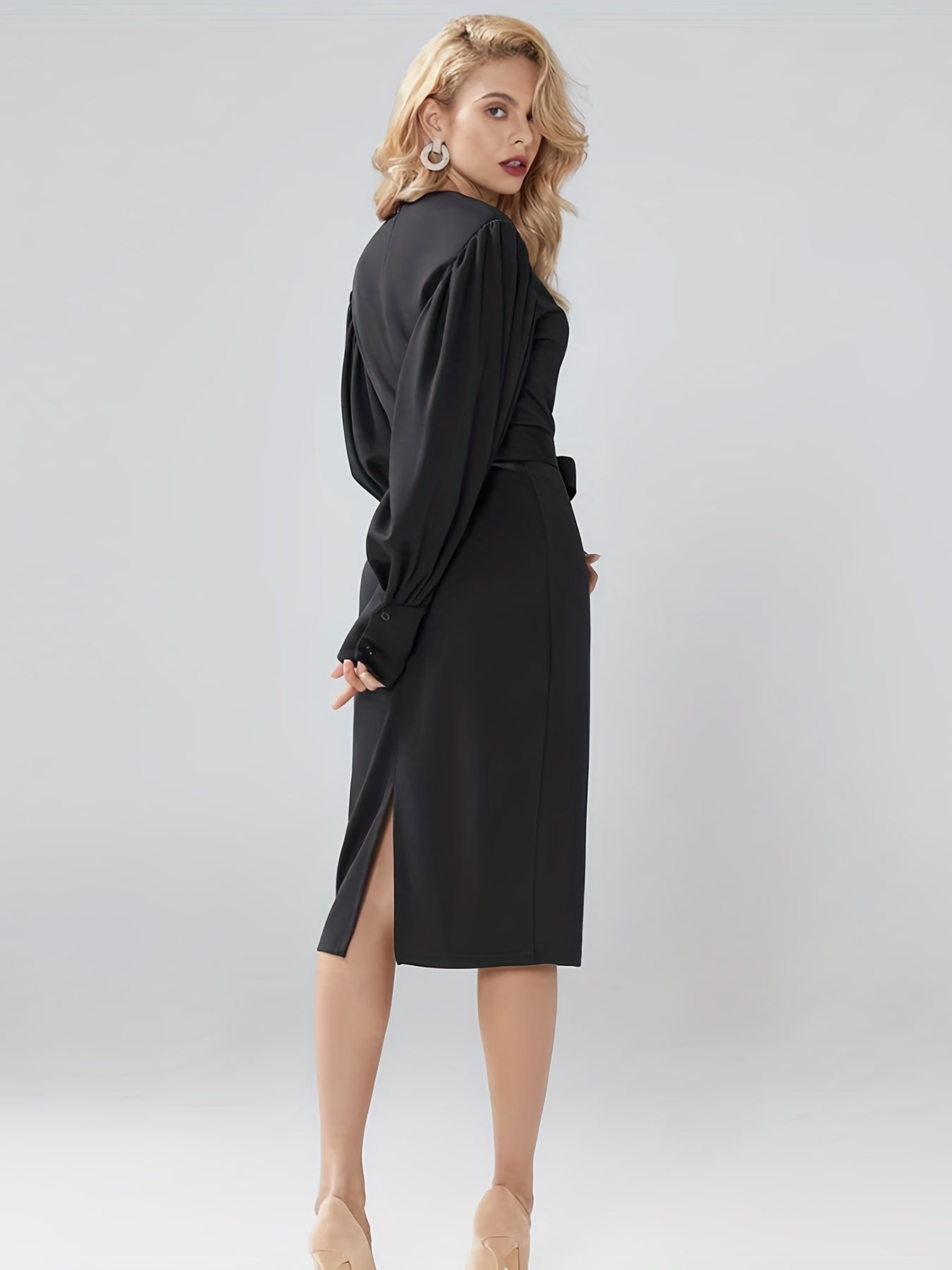 gbolsos Split Lantern Long Sleeve Dress, Elegant Crew Neck Solid Dress, Women's Clothing