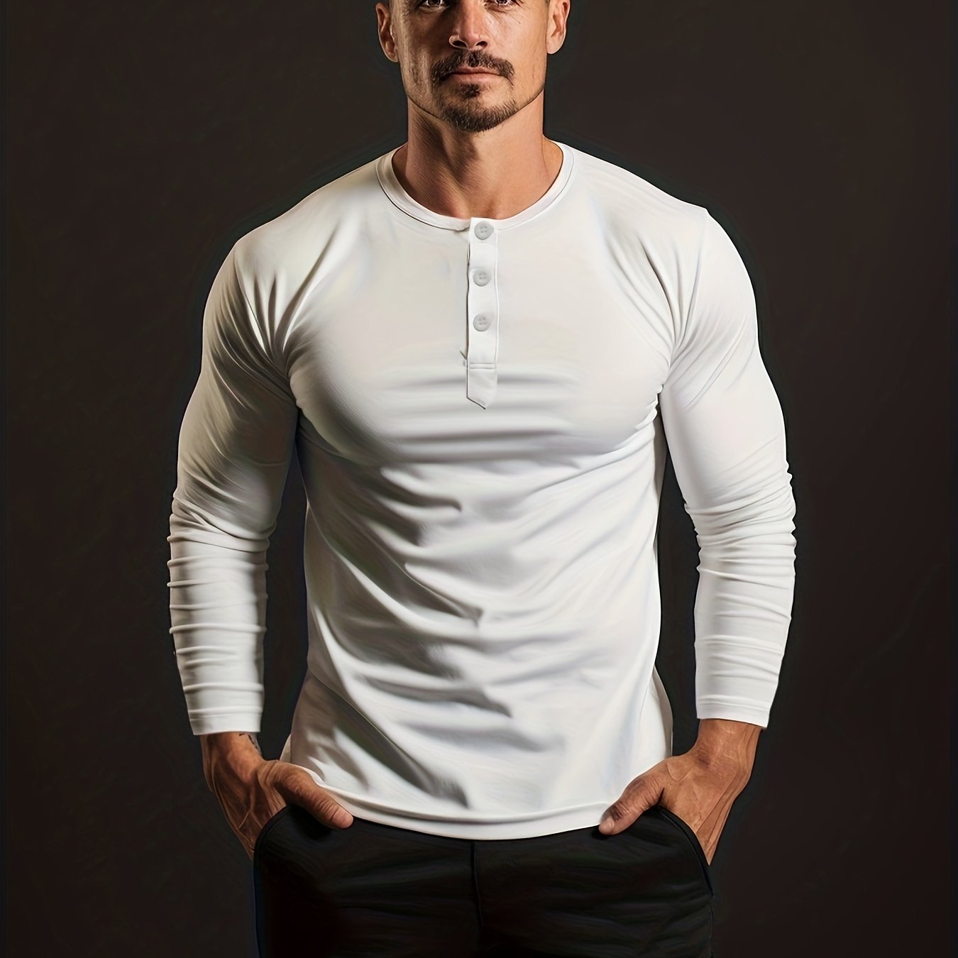 gbolsos Retro Style Men's Solid Long Sleeve Henry Tee, Men's Casual Comfy Clothing For Spring Fall