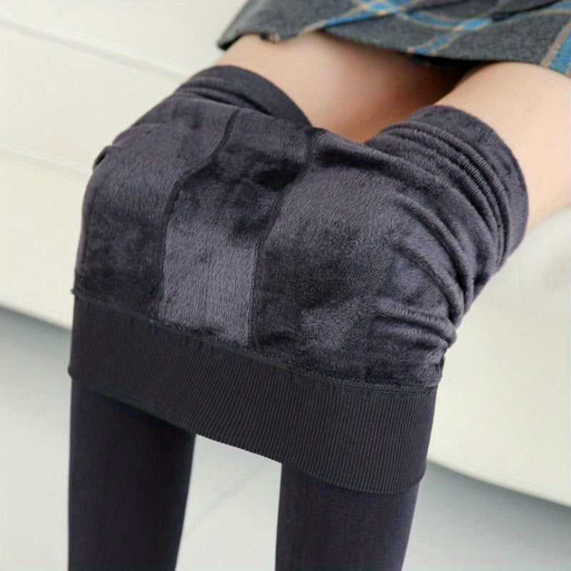 Plush Lined Crop Tights, Comfy Thermal High Waisted Elastic Leggings Pants, Women's Stockings & Hosiery