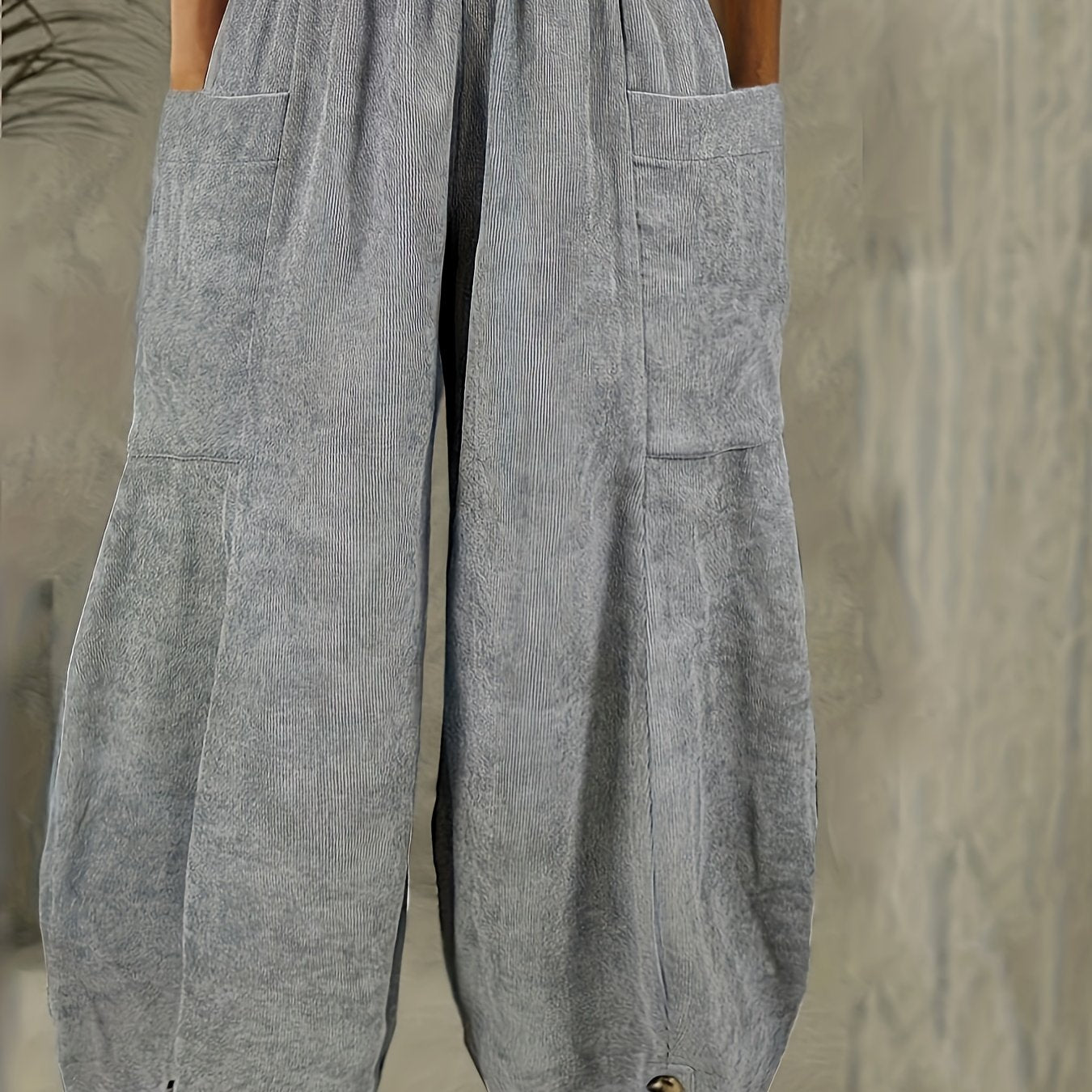 gbolsos Solid Corduroy Patched Pockets Pants, Casual Loose Button Decor Pants For Spring & Fall, Women's Clothing