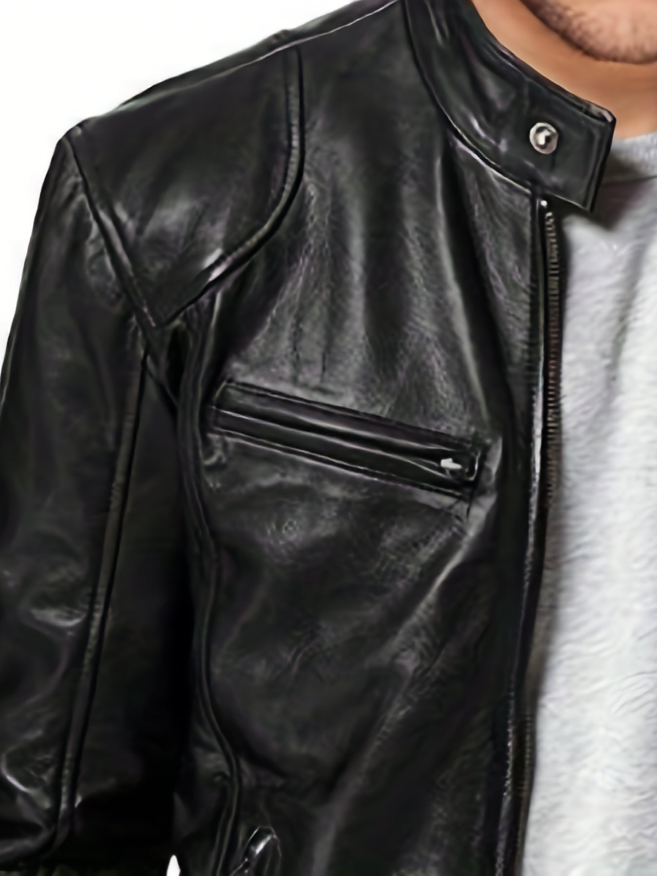 gbolsos Chic PU Jacket, Men's Casual Solid Color Zip Up Stand Collar Faux Leather Jacket For Spring Fall