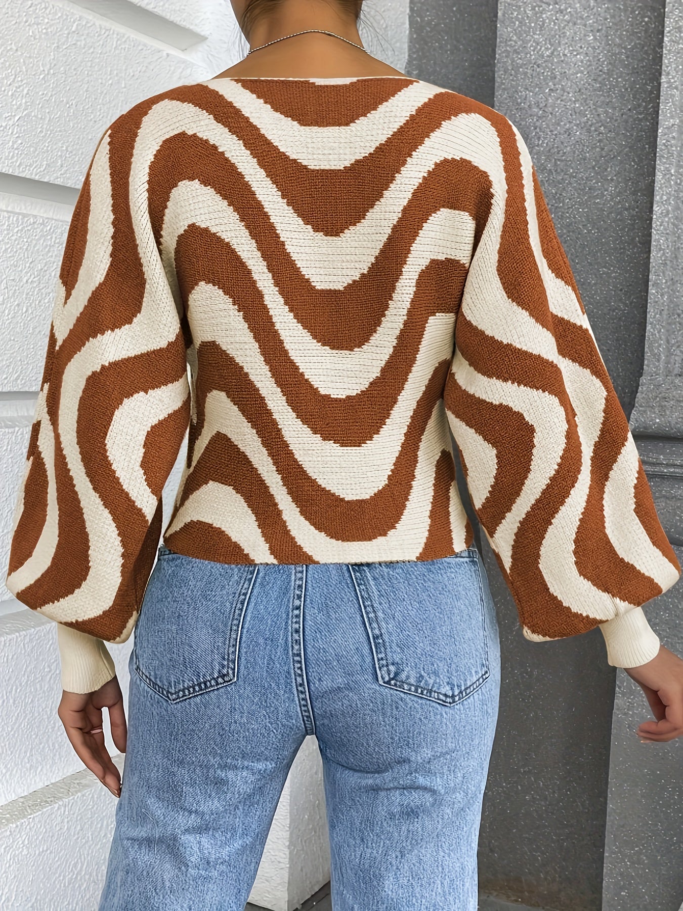 gbolsos Striped Boat Neck Pullover Sweater, Casual Lantern Sleeve Slim Sweater, Women's Clothing