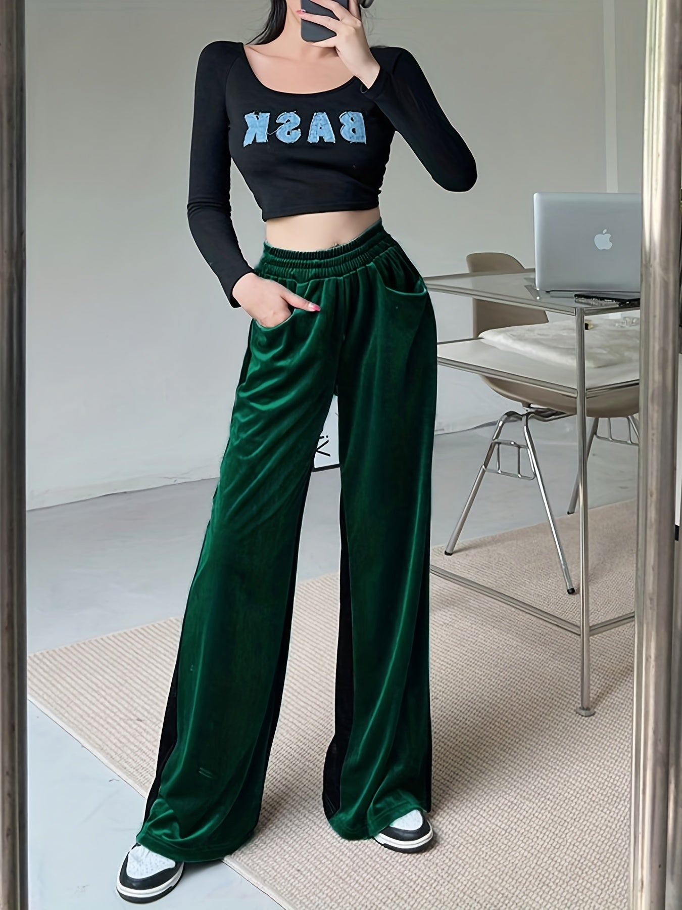 Velvet High Waist Pants, Casual Elastic Wide Leg Draped Pants With Pockets, Women's Clothing