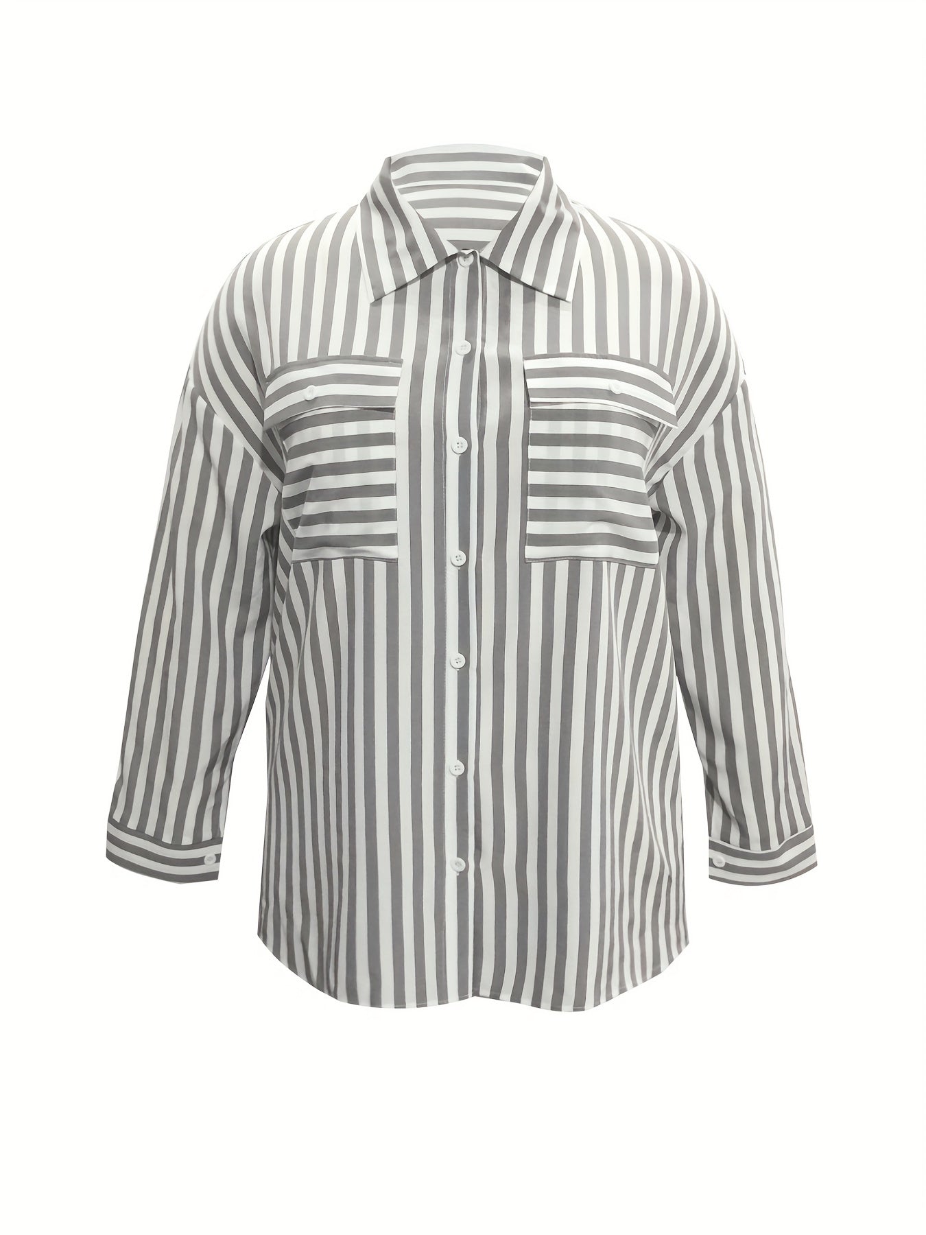 solvbao Plus Size Casual Blouse, Women's Plus Stripe Print Long Sleeve Button Up Blouse With Flap Pockets
