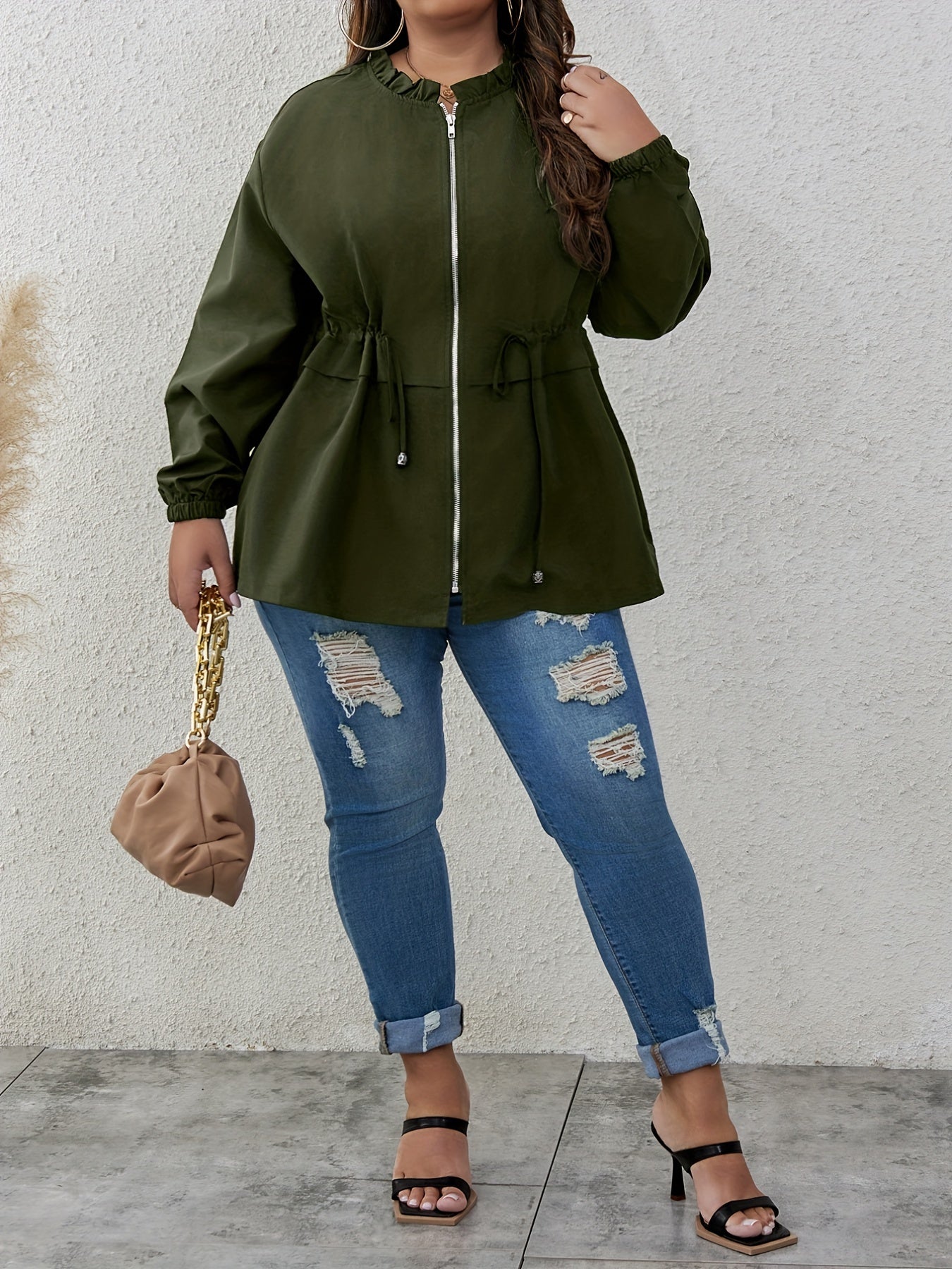Plus Size Casual Coat, Women's Plus Solid Lettuce Trim Long Sleeve Drawstring Zipper Coat