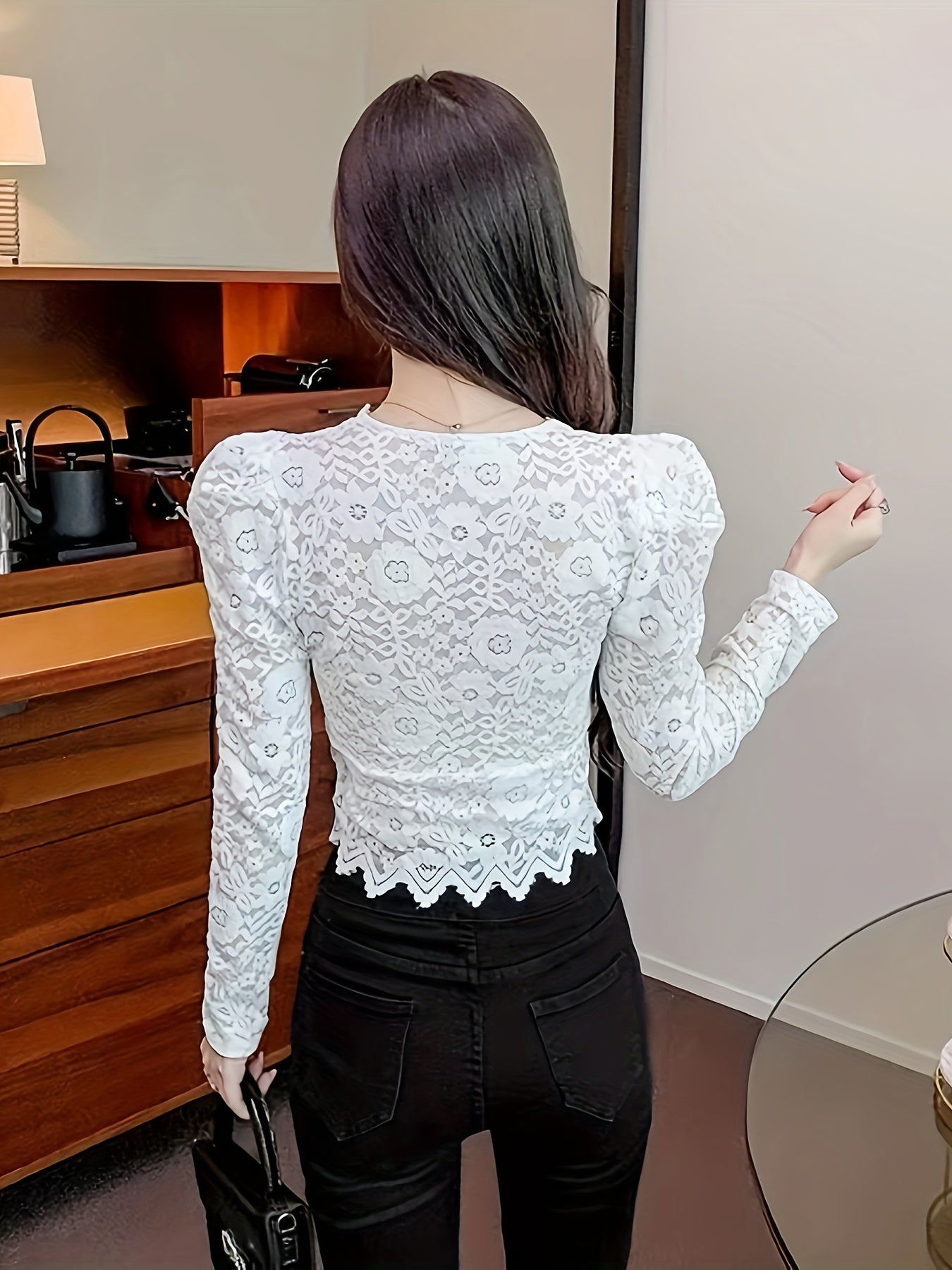 gbolsos Floral Pattern Heart Button Decor Lace T-Shirt, Elegant V Neck Long Sleeve Top For Spring & Fall, Women's Clothing