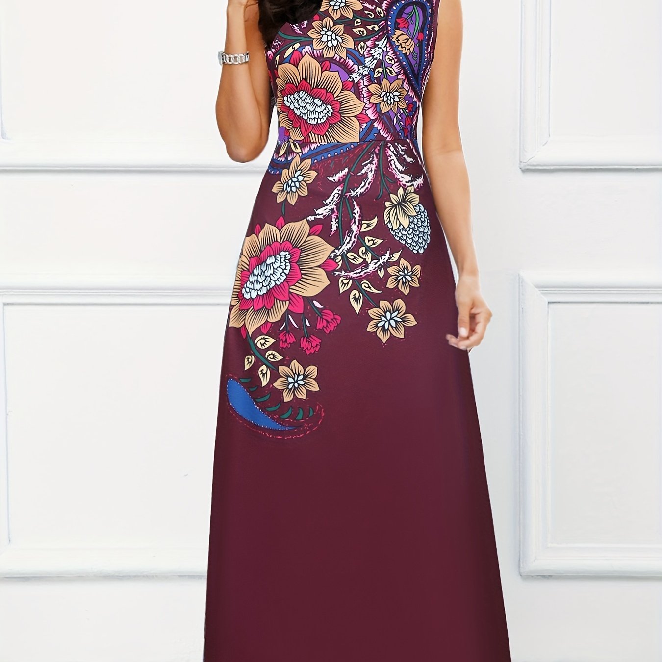 gbolsos Floral Print A-line Long Dress, Elegant Crew Neck Sleeveless Waist Summer Swing Dresses, Women's Clothing