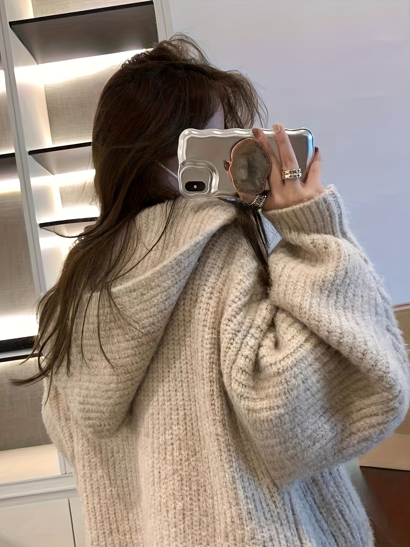 gbolsos Solid Open Front Hooded Cardigan, Versatile Long Sleeve Patched Pockets Cardigan For Fall & Winter, Women's Clothing