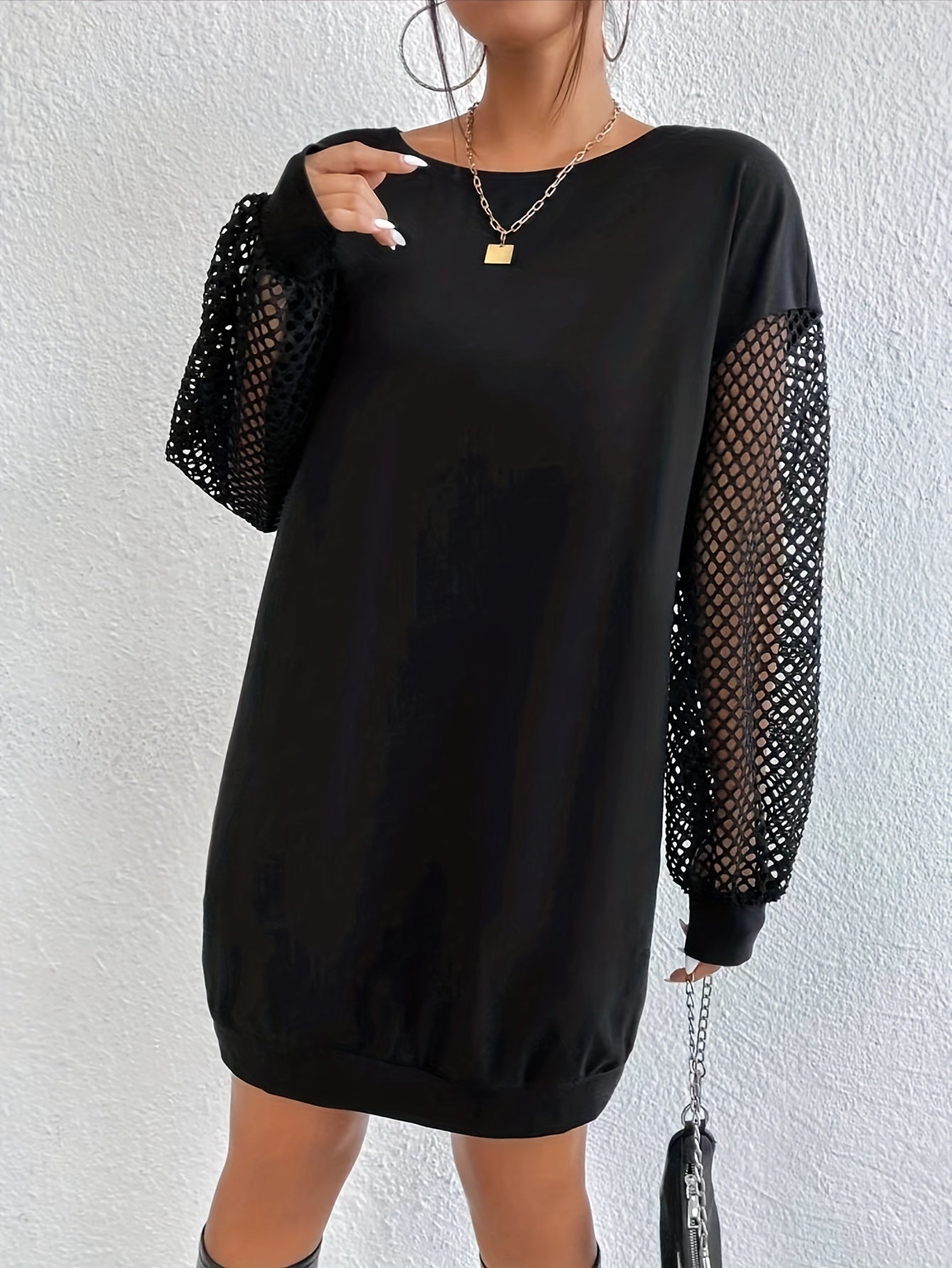 gbolsos Contrast Mesh Solid Dress, Elegant Crew Neck Long Sleeve Dress, Women's Clothing