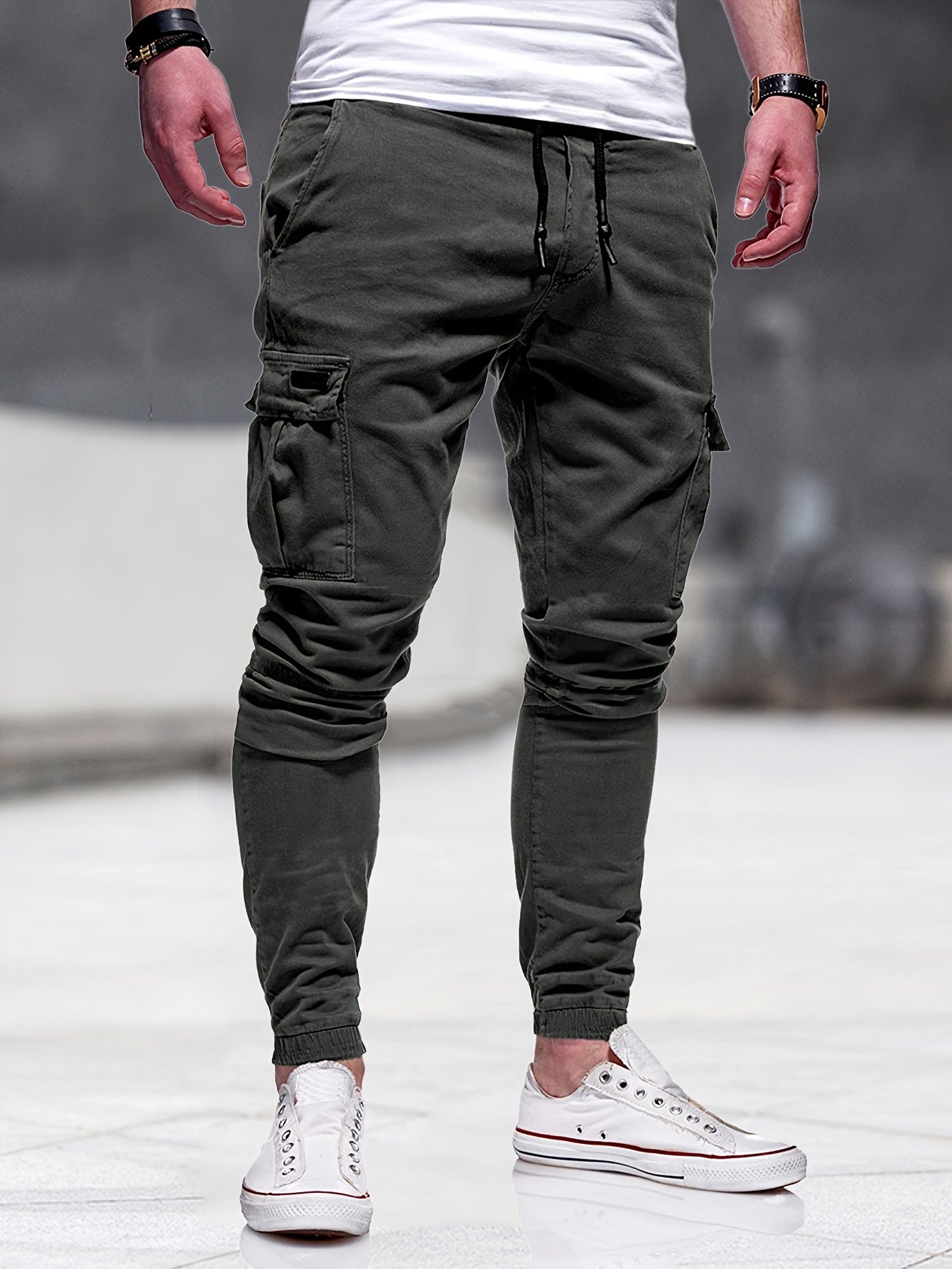 gbolsos Solid Multi Flap Pockets Men's Drawstring Cargo Pants, Slim Fit Elastic Casual Outdoor Pants, Men's Work Pants
