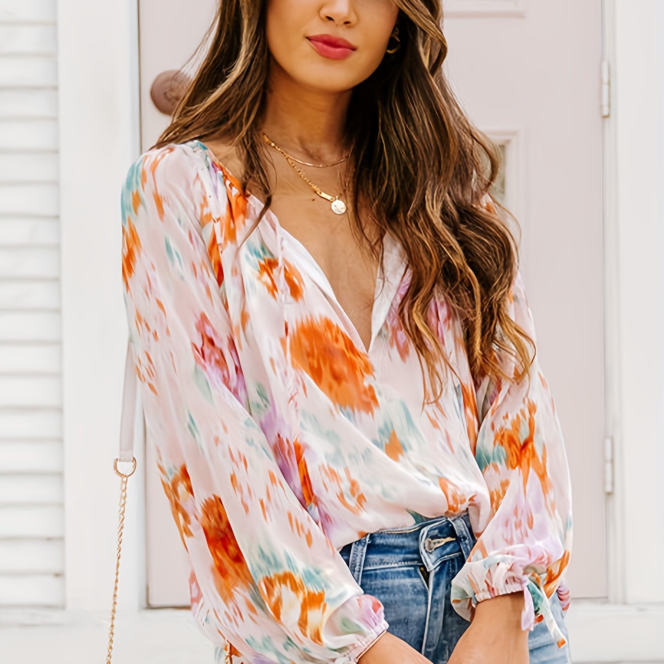 gbolsos Tie Dye Print Blouse, Casual V Neck Tie Front Long Sleeve Blouse, Women's Clothing