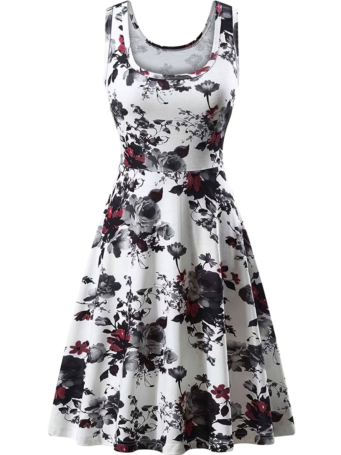 gbolsos Floral Print Squared Neck Sleeveless Dress, Sexy High Waist Ruffled Hem Beach Dress, Women's Clothing