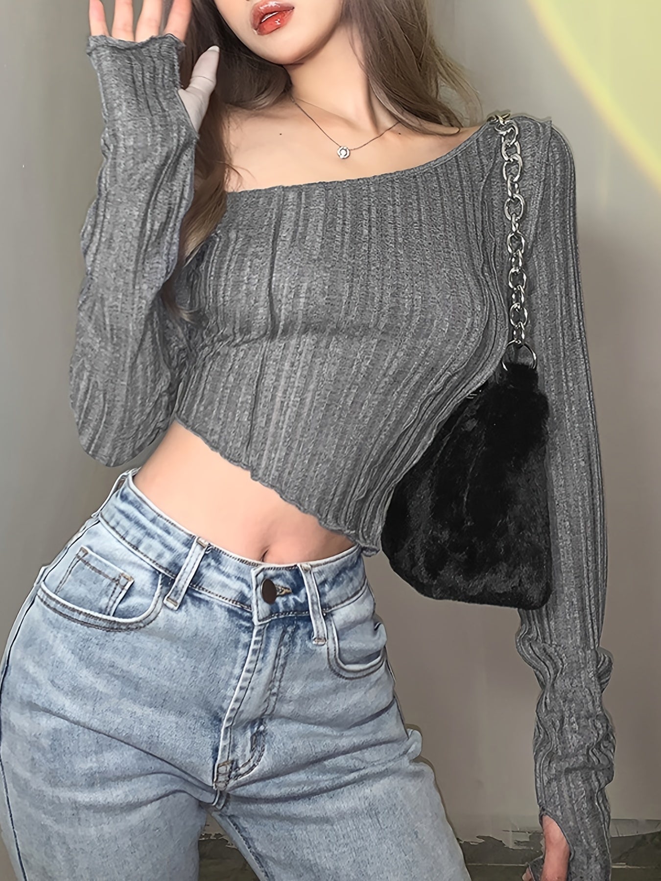 gbolsos Asymmetrical Slim T-shirt, Sexy Long Sleeve Ruched T-shirt, Women's Clothing