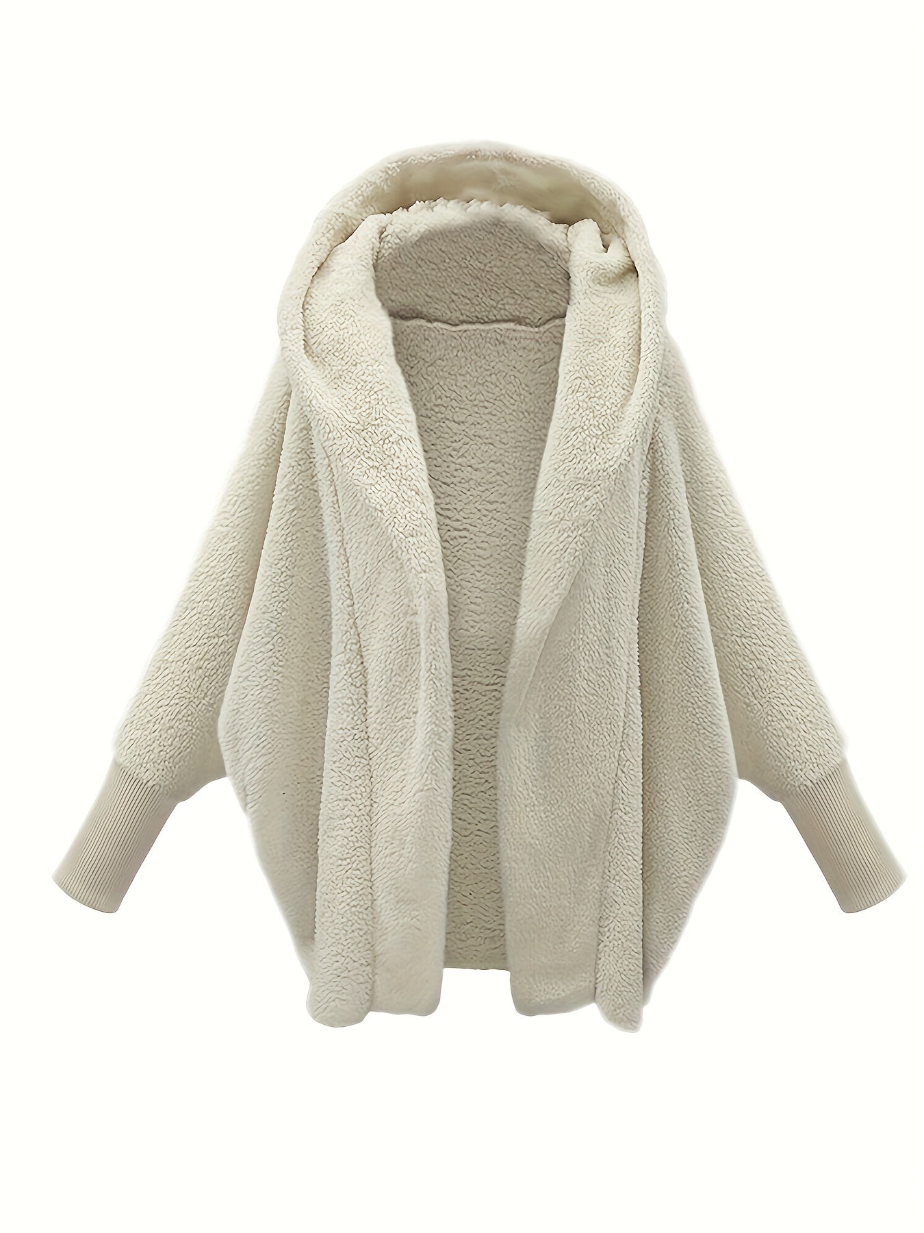 Plus Size Casual Winter Coat, Women's Plus Solid Teddy Fleece Batwing Sleeve Open Front Hooded Loose Fit Coat