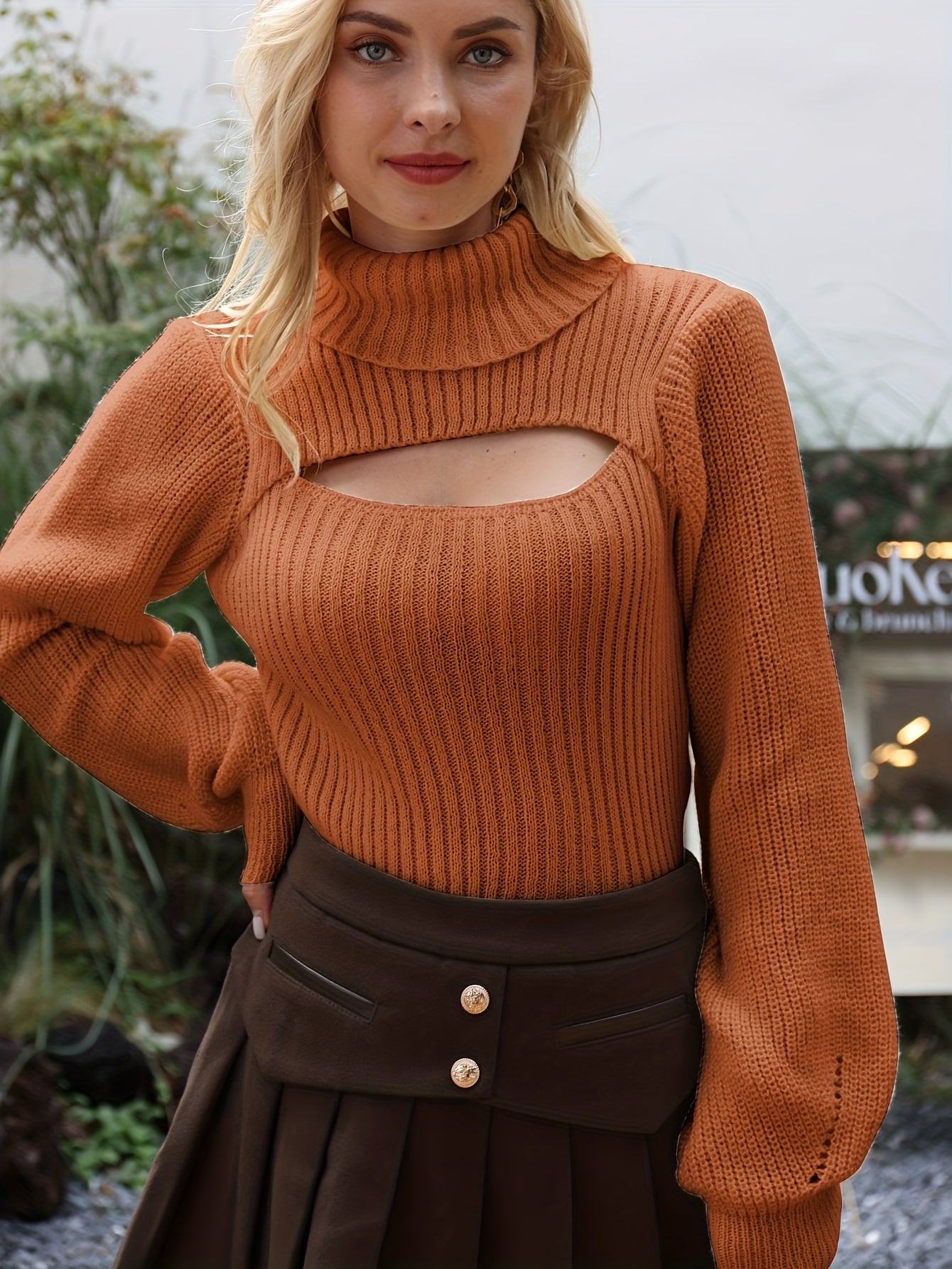 gbolsos Sexy High Neck Sweater, Long Sleeve Sexy Cut Out Casual Sweater For Spring & Fall, Women's Clothing