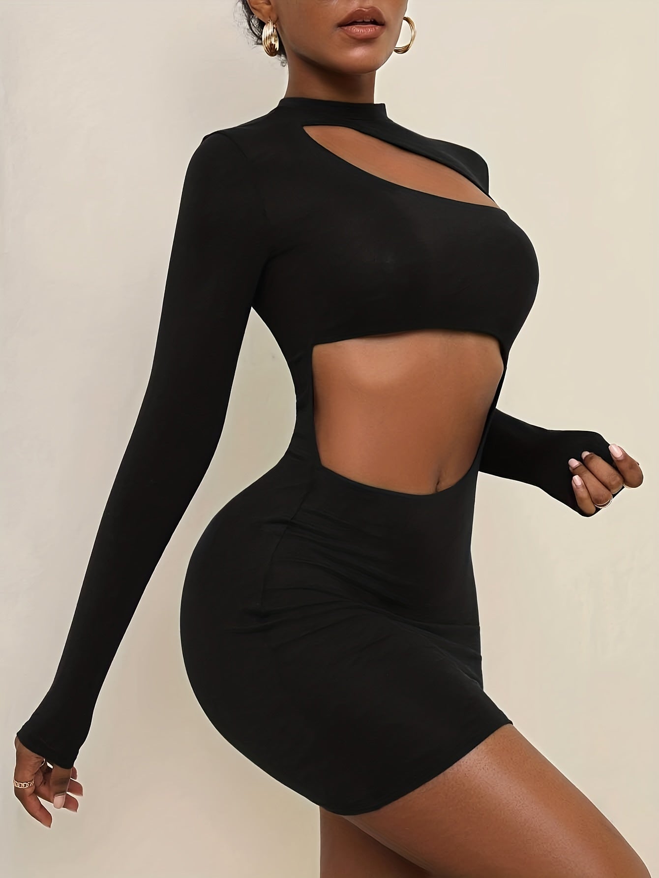 Cut Out Bodycon Dress, Sexy Mock Neck Long Sleeve Party Club Dress, Women's Clothing