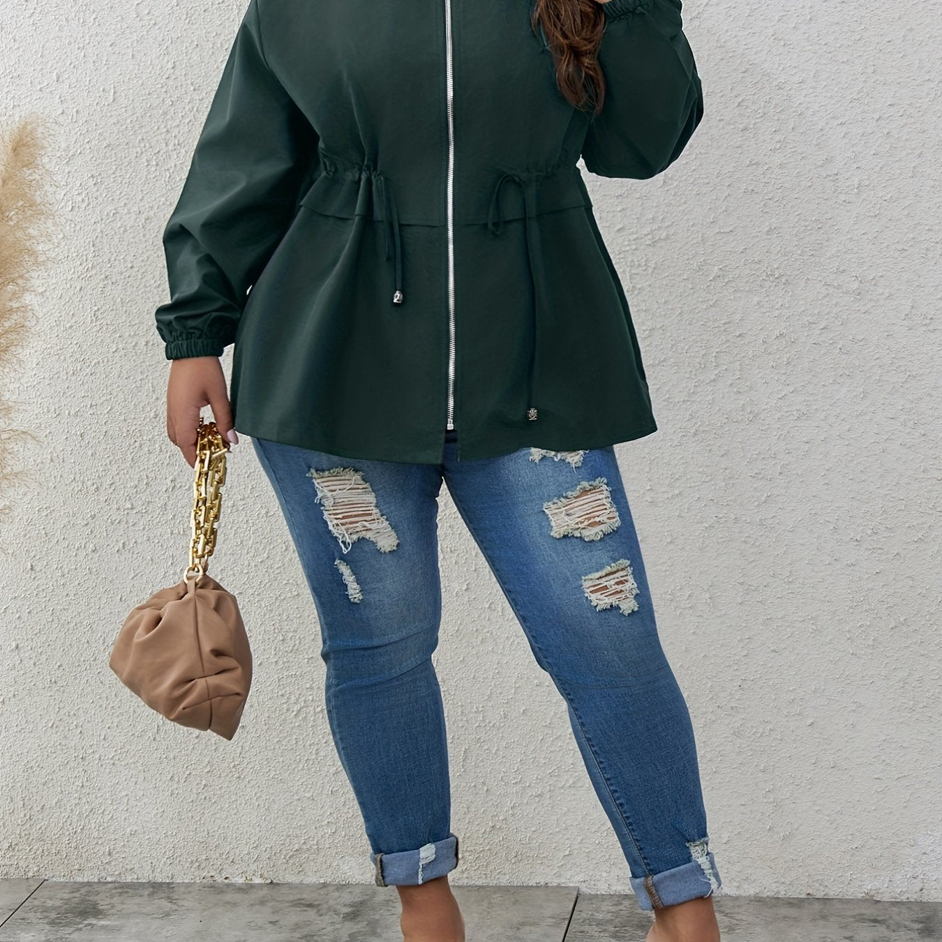 Plus Size Casual Coat, Women's Plus Solid Lettuce Trim Long Sleeve Drawstring Zipper Coat